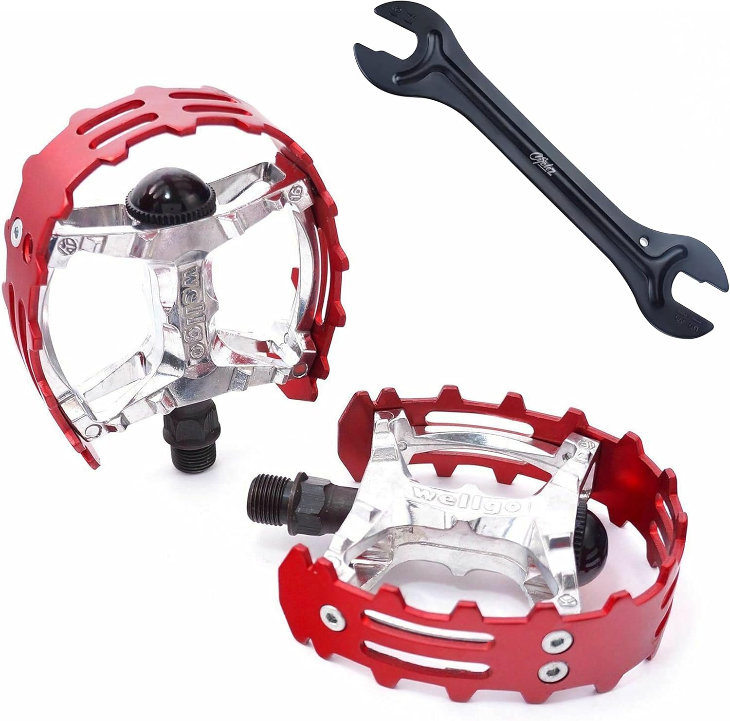 CYCLEZ 1/2" Wellgo BMX XC-II Bear Trap Bike Pedal Set, Multi Colors, Old School Retro Style for One Piece Cranks Includes Pedal Wrench Tool Combo (Red)