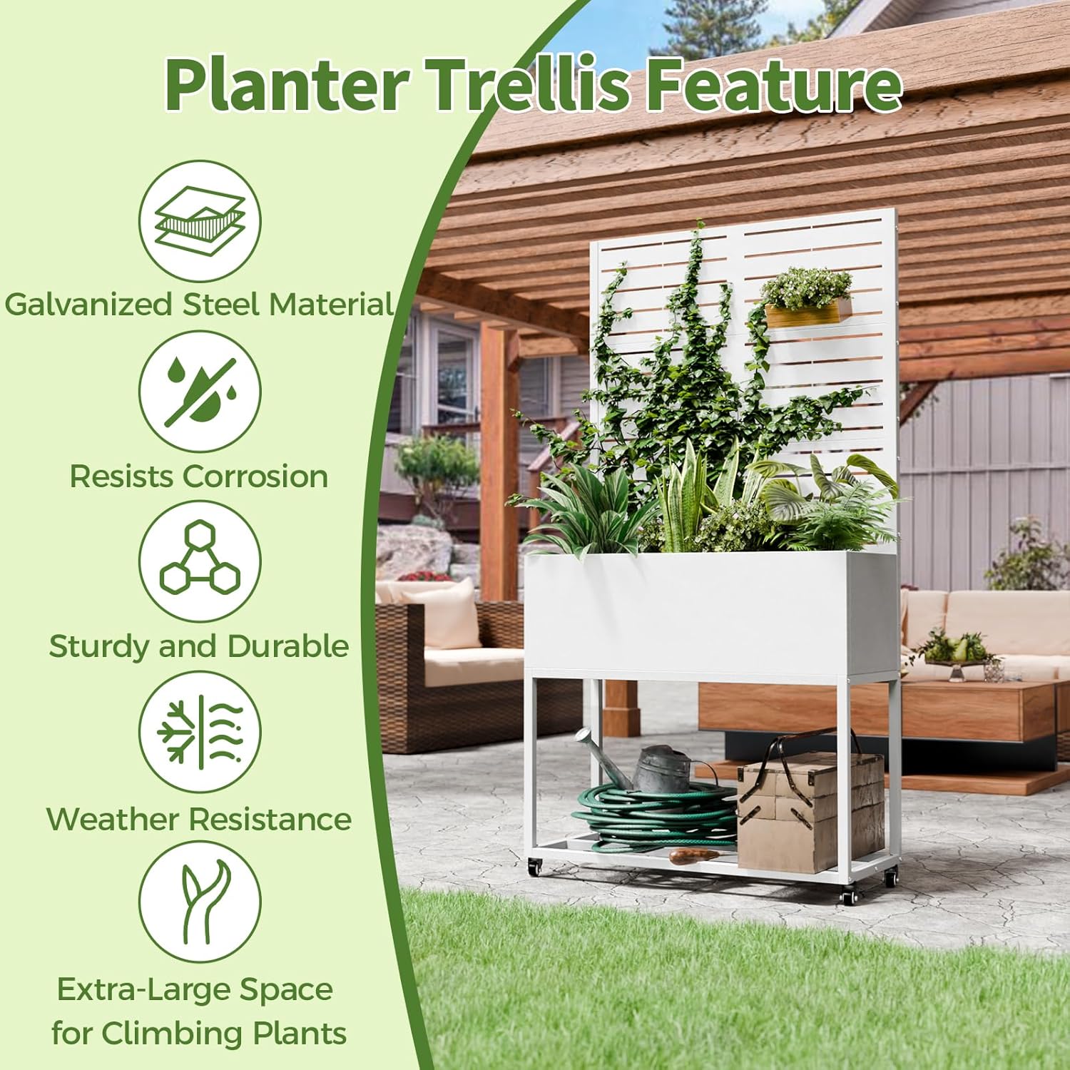 Metal Planter Box with Trellis,67" H x35 W Raised Garden Beds with Privacy Screen for Climbing Plants Flower, Elevated Standing Planter Garden Bed with Drainage Holes for Outdoor Patio,White