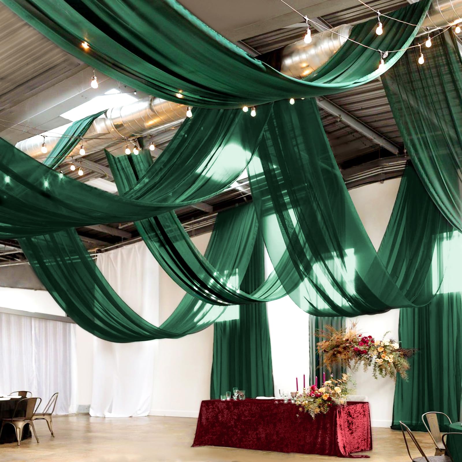 Voilage de plafond mariage en mousseline vert émeraude 1.5x3m pour arche festive