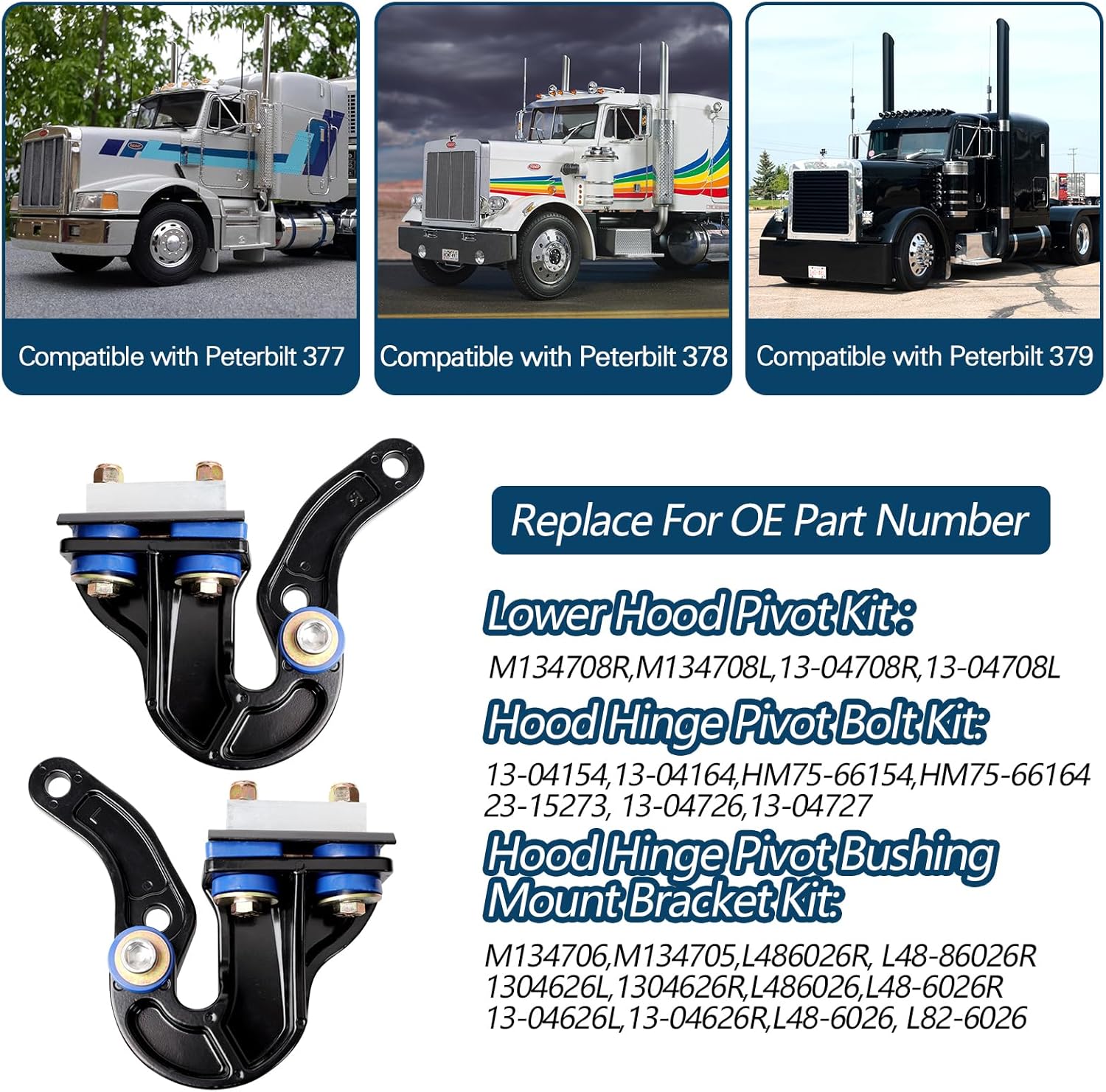 M134708R M134708L Lower Hood Pivot Kit & Hood Hinge Pivot Bolt Kit & Hood Hinge Pivot Bushing Bracket Compatible with Peterbilt 377 378 379 Replace 13-04708R,13-04708L,13-04154,13-04164(2 Pack)