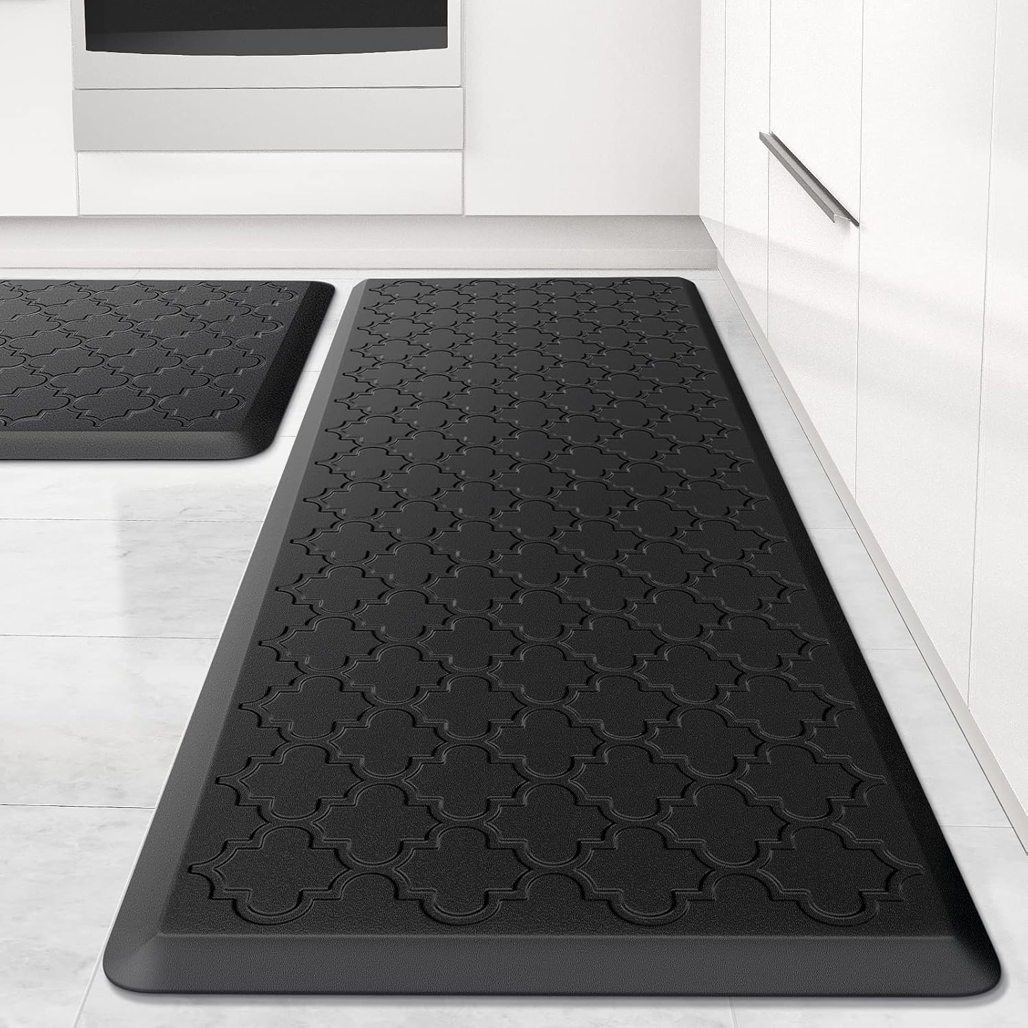 Küchenläufer 2 Stück Teppich Küche Waschbar rutschfest Küchenteppich Kitchen Mat Küchen Teppich Läufer Küche-Teppich mit Ölfest Wasserdicht Küchenmatte für Küche Läufer Flur(44x75+ 44x150CM,Schwarz)