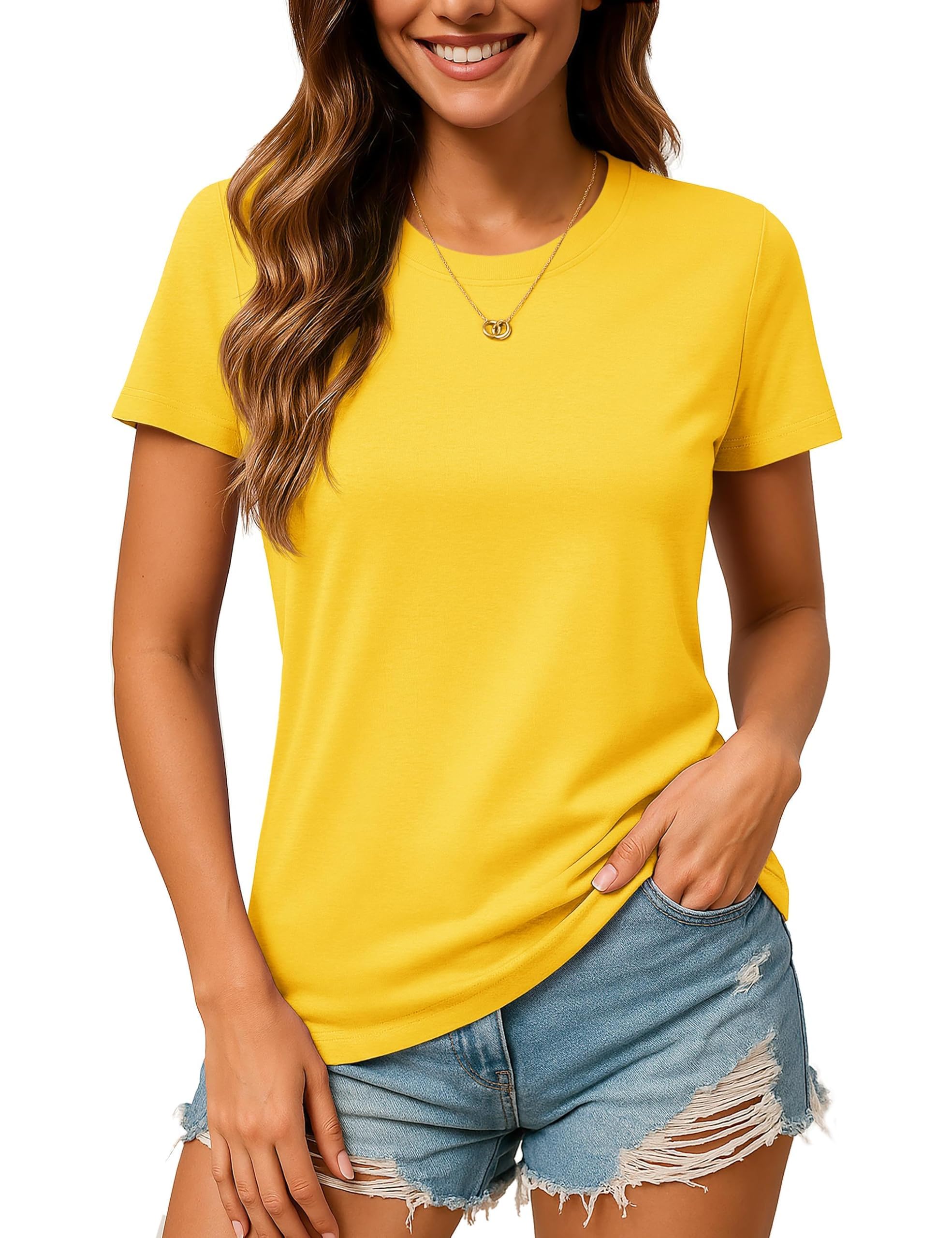TACVASEN Damen T-Shirt Baumwolle Rundhals Sommer Tshirt Basic Oberteil Lässig Shirt Kurzarm Cotton Einfarbig Tops