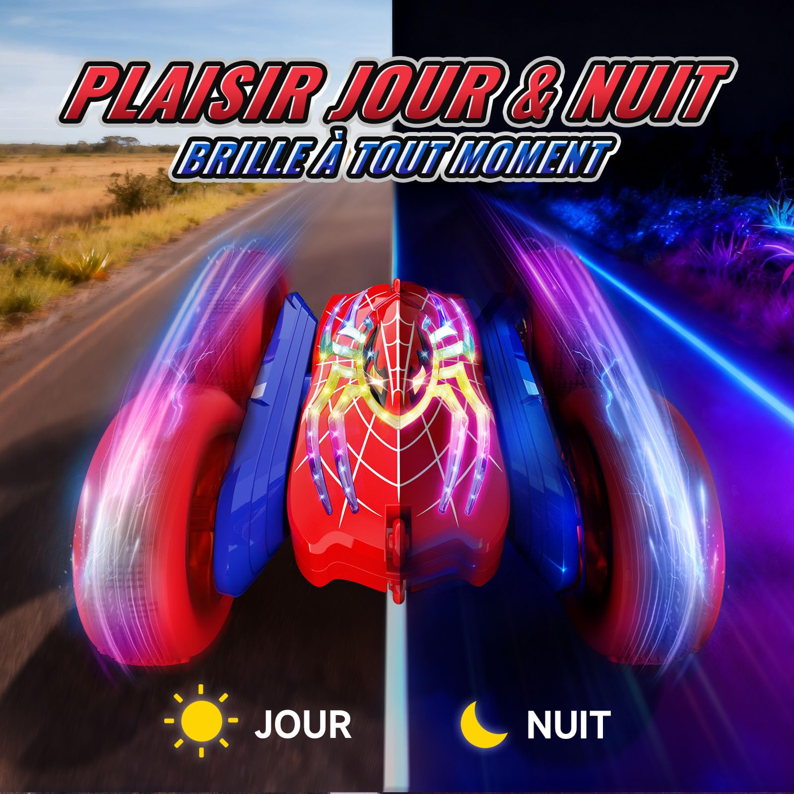 Voiture Telecommandé Enfant, 2.4Ghz 4WD 360° Rotation RC Stunt Monster Truck, 5 Modes Lumineux, Jouet Garçon 3-12 Ans, Cadeau Anniversaire Noel Jeux Intérieur Extérieur 4 5 6 7 8 9 10 11 12 Ans
