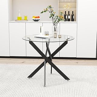 Round Glass Dining Table for 2, Modern Kitchen Table with Black Metal Legs 32