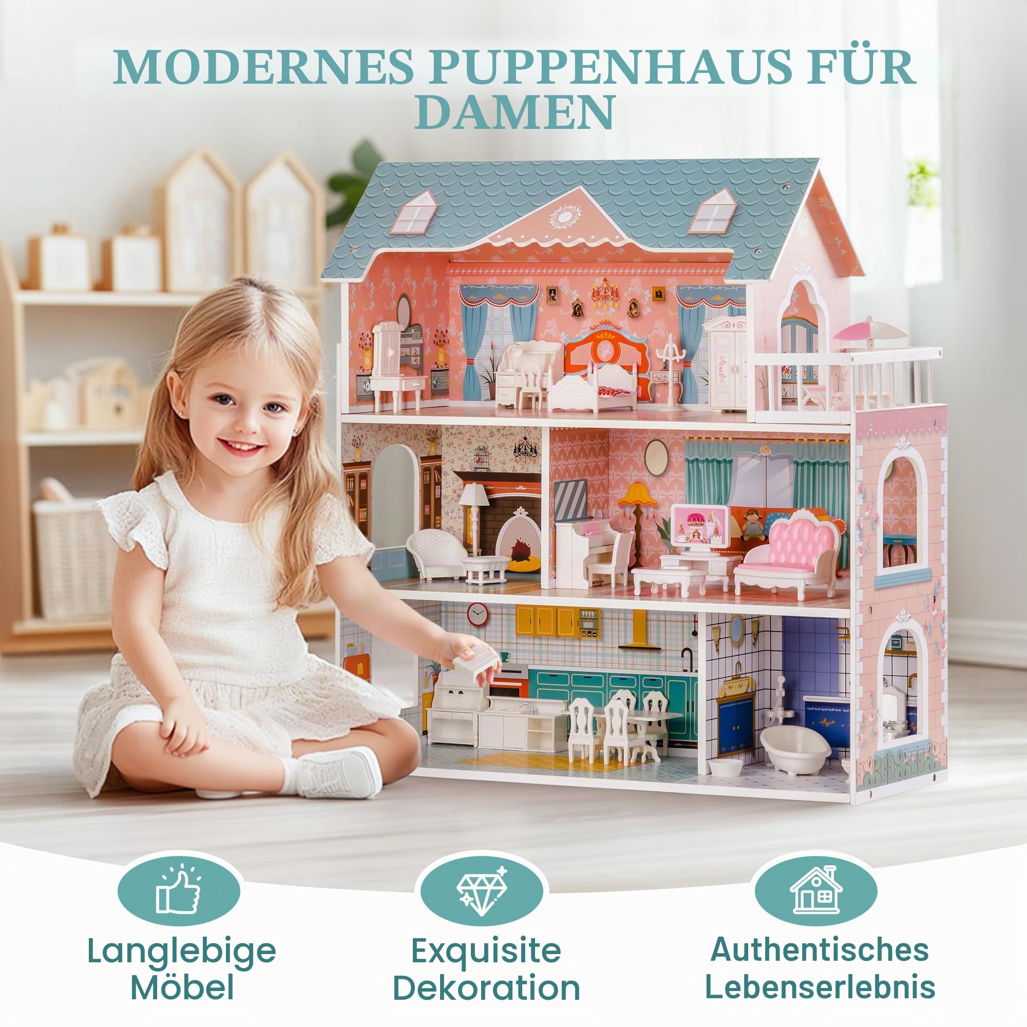 ROBUD Puppenhaus aus Holz mit Möbeln und Zubehör Mädchen Häuser Spielhaus Spielraum Spielzeug für Kinder