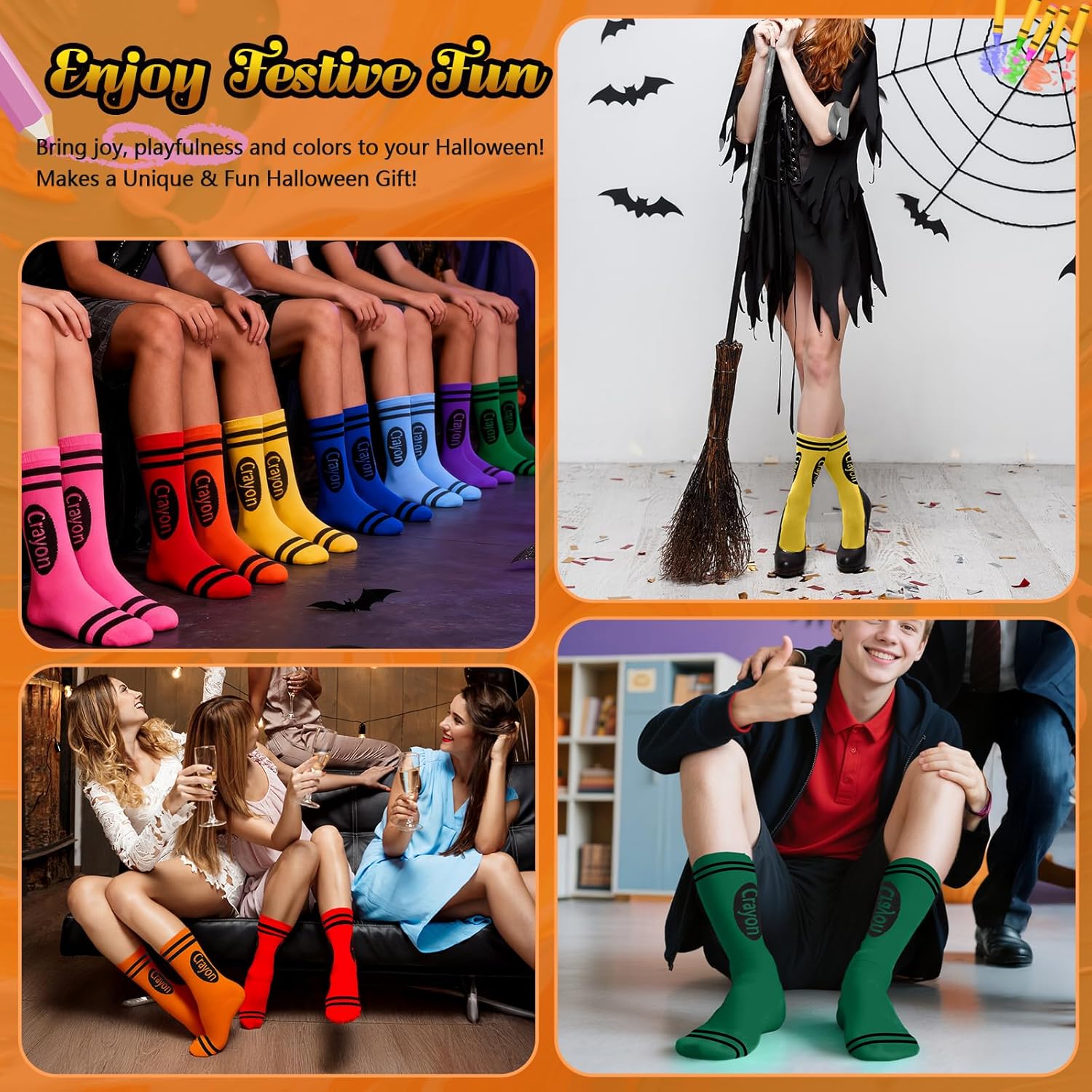 SVECPOY 8 Pairs Crayon Socks, Unisex Colorful Crazy Socks for Women Men Funny Crew Socks Crayon Costume Accessories Gifts for Adults Teens Kids Teacher Team Crayon Party - Image 7
