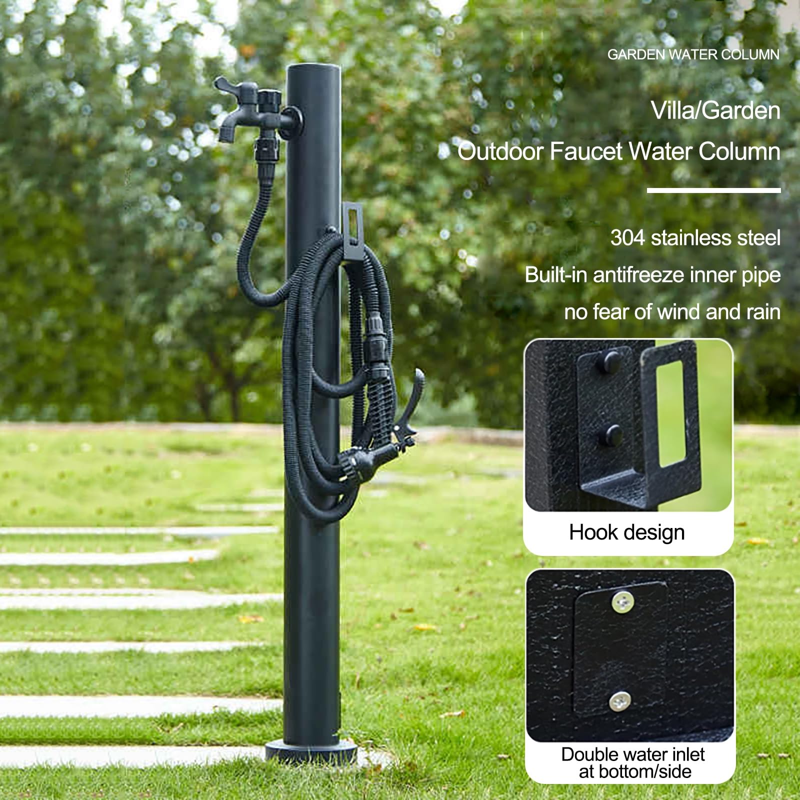 Columna de agua vertical para jardín, soporte de manguera independiente con grifo, hidrante anticongelante para exteriores y dispensador de agua decorativo para patio