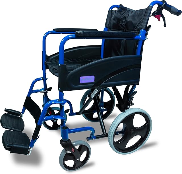 Aidapt Folding Lightweight Attendant Propelled Aluminium Wheelchair With 18" Seat, Brakes, Lap Strap, Padded Upholstery, Removable Foot Rests and Side Panels for Privacy. Indoors and Outside