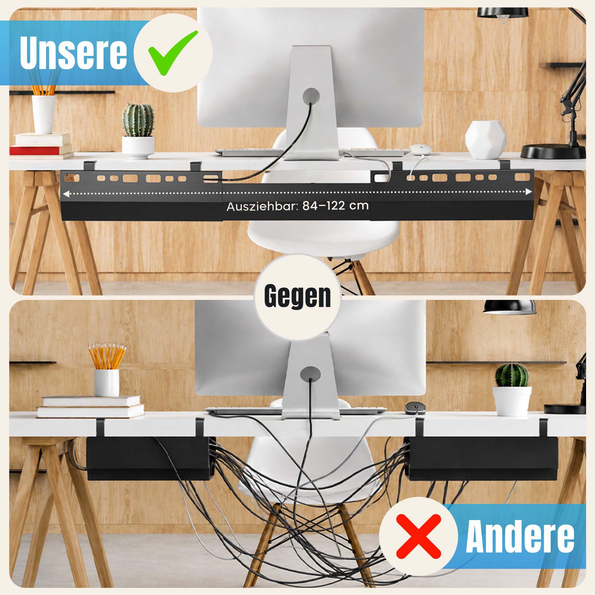 2GOODz Canaleta para cables extensible de 84 a 122 cm para escritorios | Sin taladrar, incluye Accesorios - extra ancho - acero aleado