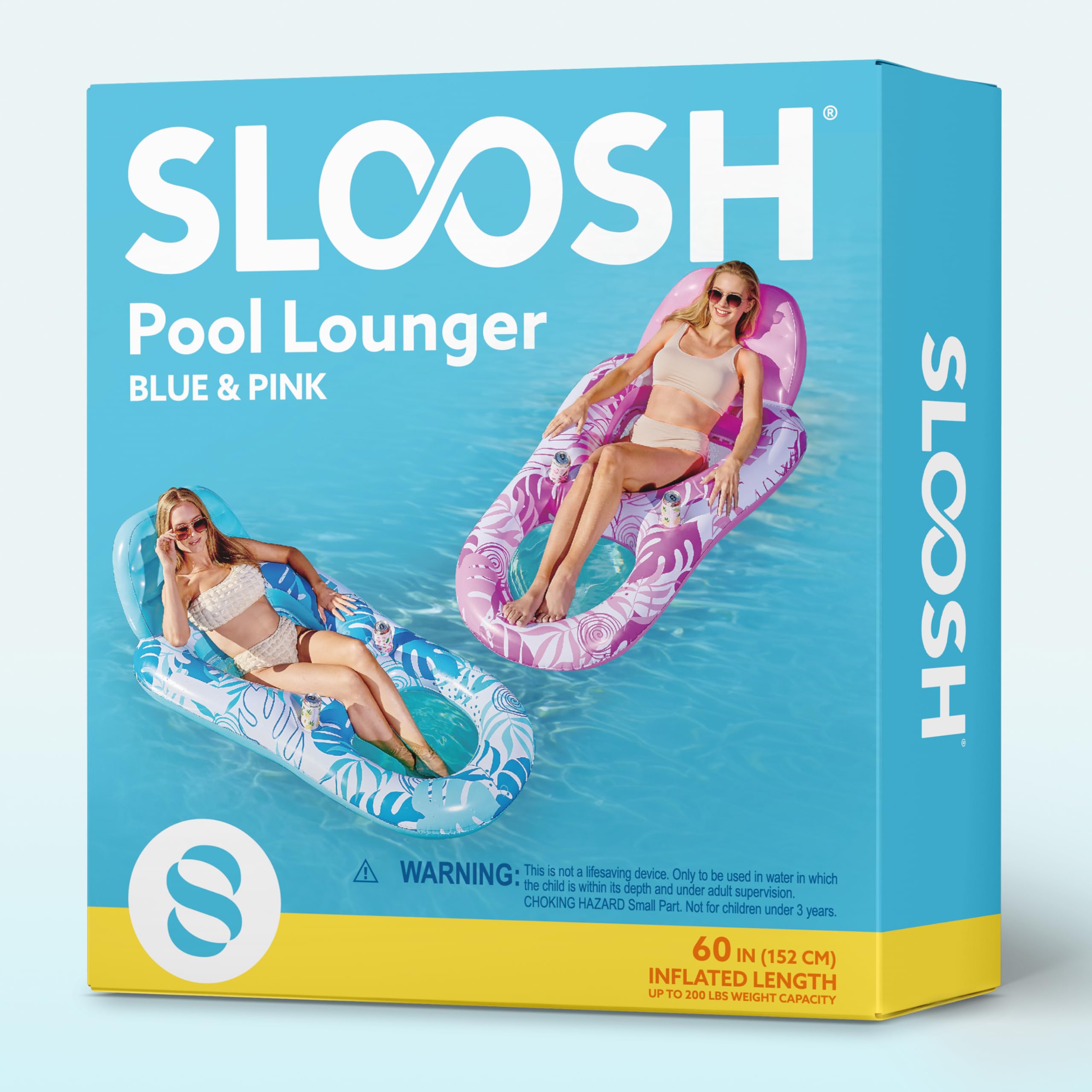 SLOOSH Aufblasbare Pool-Schwimmer, Liege für Erwachsene, Pool-Schwimmer, Lounge, Floaties, Wasserschwimmer, Liegestuhl mit Getränkehaltern, Fußstütze, Schwimmend (blau, rosa), 2 Packungen