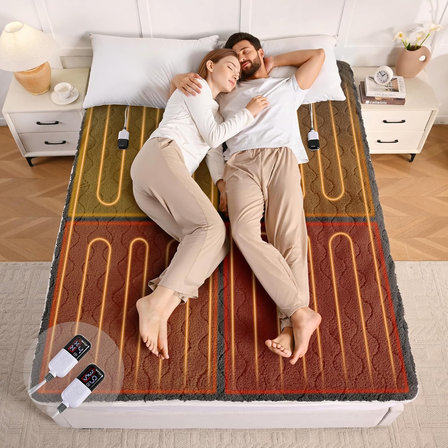 Bearhug Multi-Zone Electric Heated Mattress Pad Queen Size, Dual Control Bed Warmer with Memory & 11 Heat Level, 1-9H Auto Off, Individual Body &Feet Settings, Deep Pocket ETL Certified, Machine Wash