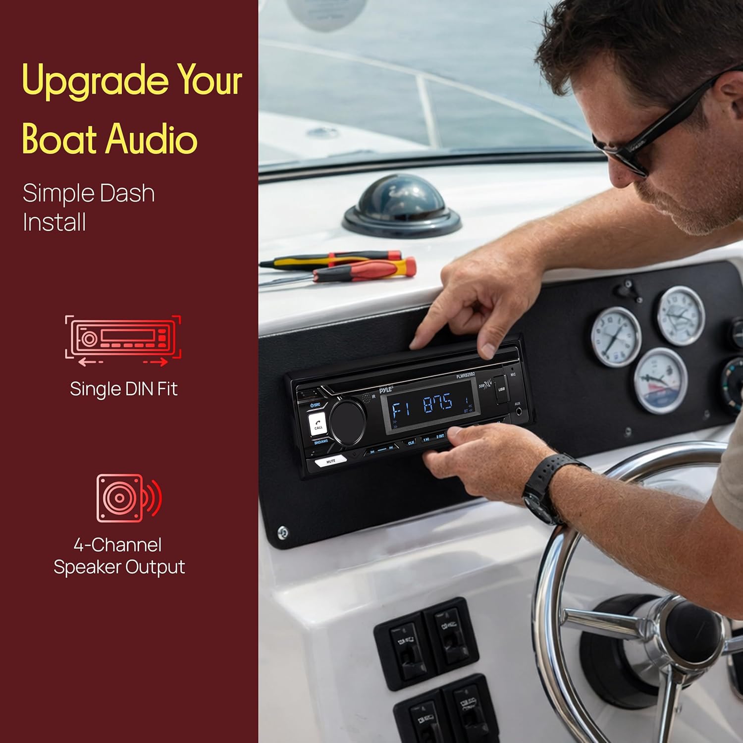 Pyle Marine Radio Stereo Receiver with Bluetooth MP3 Player - Single DIN Boat Audio System, AM/FM Tuner, USB/AUX Input, 30 Preset Stations, Hands-Free Calling, 200 W Power for Marine and Boat Use