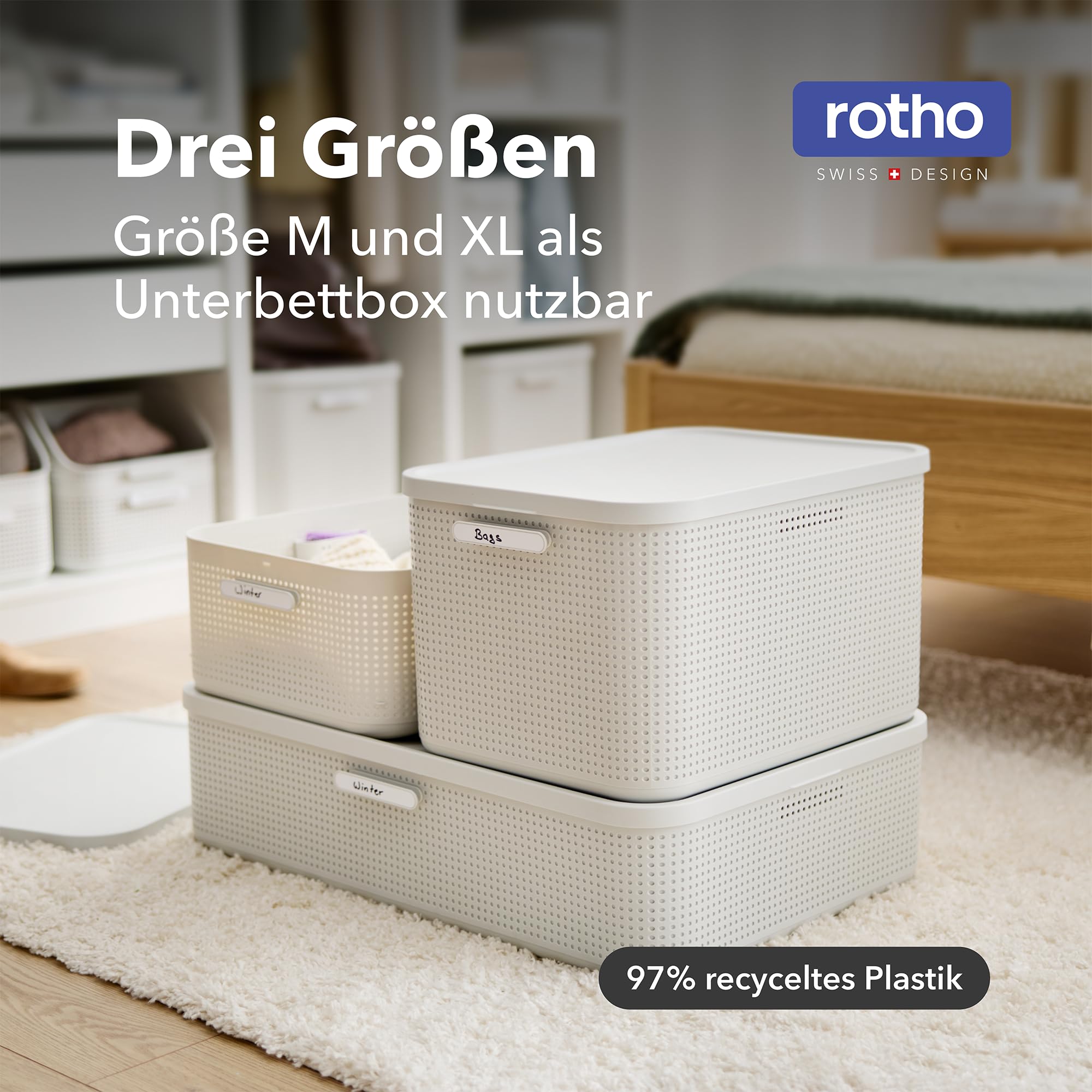 Rotho WOP 2er-Set Aufbewahrungsbox L mit Deckel und Dufteinsatz, Kleiderschrank Organizer für Hoodies, Jeans und Winterkleidung, Weiß