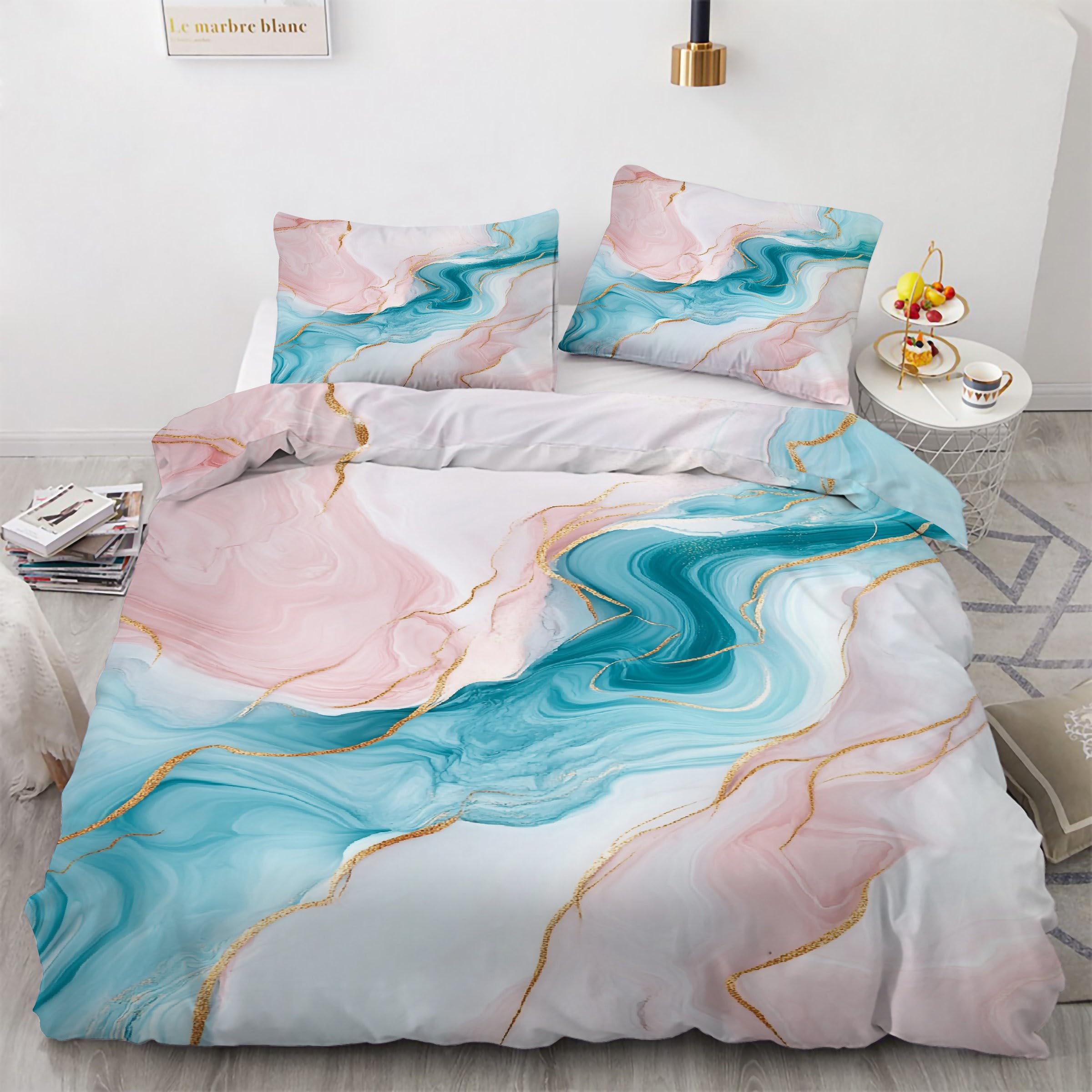 Housse de Couette 240x260 Marbre Réversible avec 2 Taies 65x65