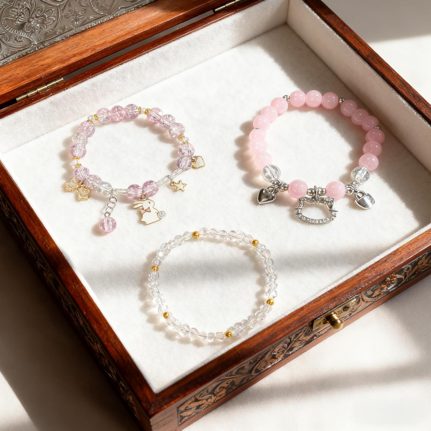 Cute Crystal Bead Bracelet 3 Pcs Elastic Friendship Bracelets Kawaii Stuff BFF Bracelets for Women Best Friend Sister Crystal Beads Cat Rabbit Jewelry Bracelet Gift for Birthday Christmas - Image 2