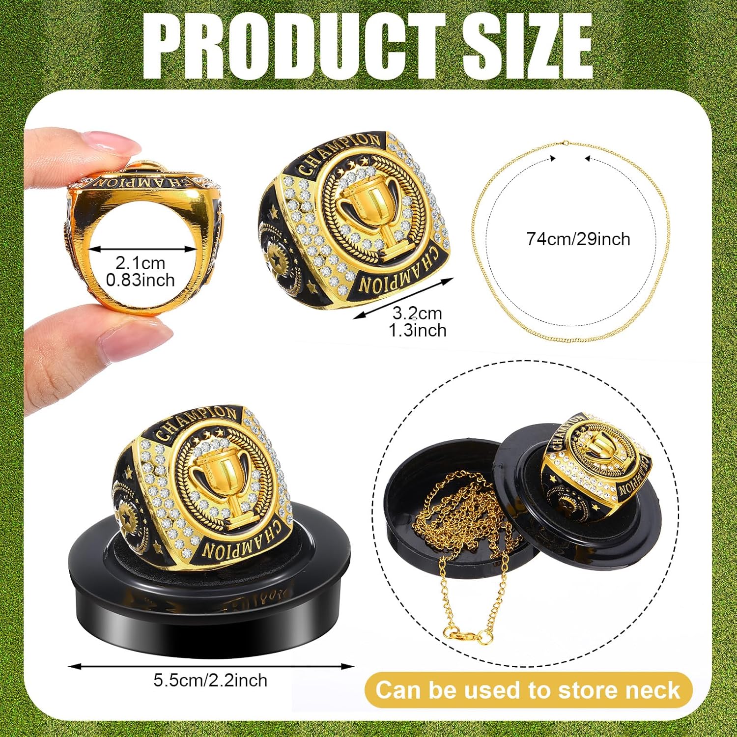 Landical 3 Set/12 Set 1st 2nd 3rd Champion Trophy Rings Championship Ring Bulk with Neck Chain and Display Stand Box Sport Victor Award Gift for Championship Sports Tournament or Champion Winner