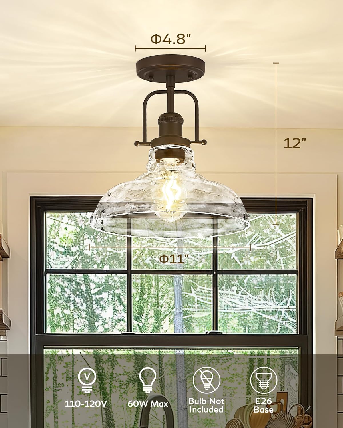 FEMILA 11" Farmhouse Flush Mount Ceiling Light Fixture, Semi Flush Kitchen and Bedroom Ceiling Light with Water Ripple Glass Shade, Oil Rubbed Bronze, Rustic Industrial Lighting, 4FY09-F ORB-WG