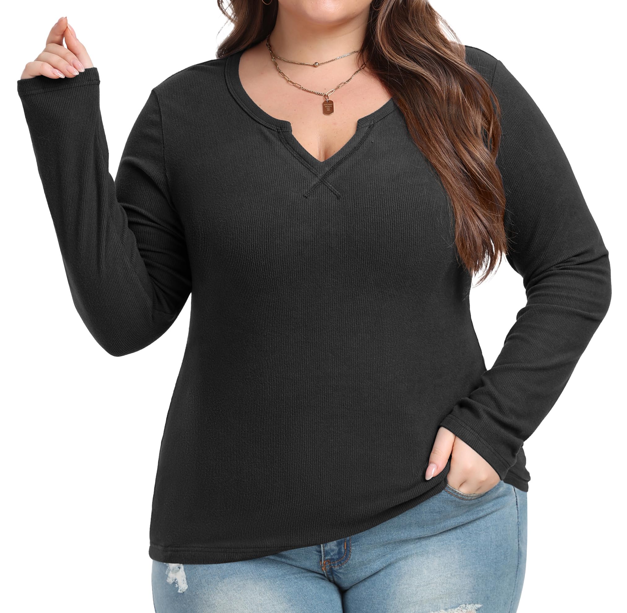 OLRIK Plus Size Long Sleeve Shirts for Women Ribbed Slim V Neck Basic Tops for Women