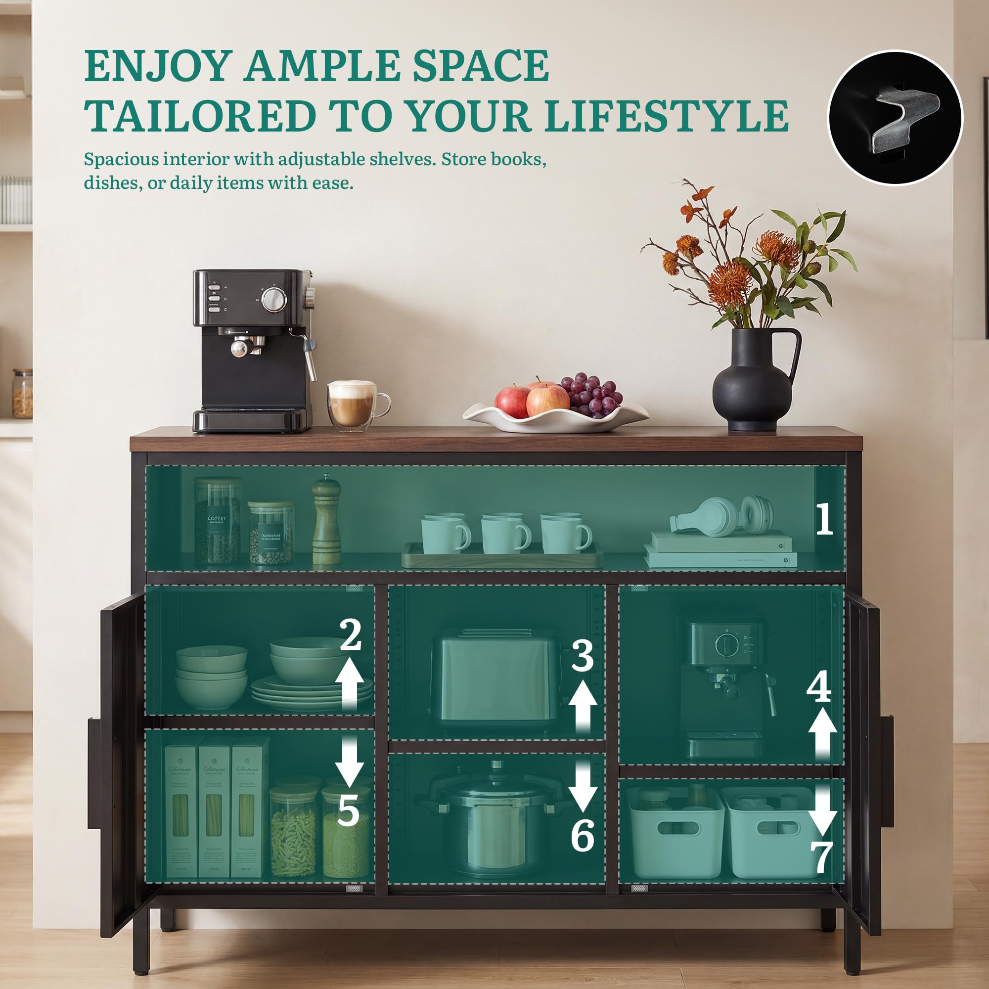 YITAHOME Armadietto in metallo, credenza, con ante simmetriche, chiusura magnetica, ripiani regolabili, telaio in acciaio, 108 x 40 x 75 cm, custodia nera + piano di lavoro in noce