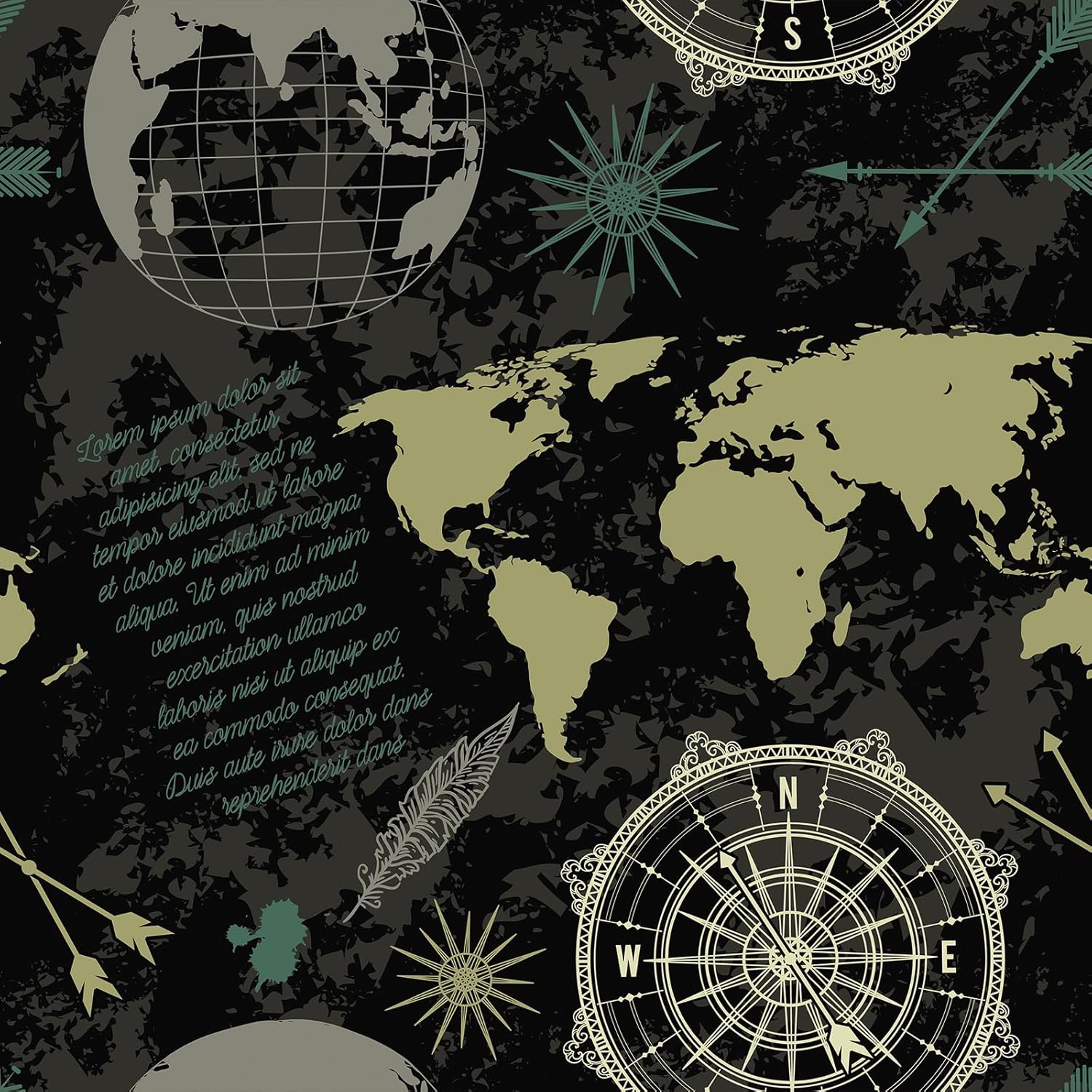 LACHEERY Nautical Map Wallpaper Peel and Stick Black Grey Green World Map Wallpaper Self Adhesive Contact Paper Nautical Theme Wall Paper for Bathroom Walls Boys Room Cabinets Vinyl Roll 17.5"x80"