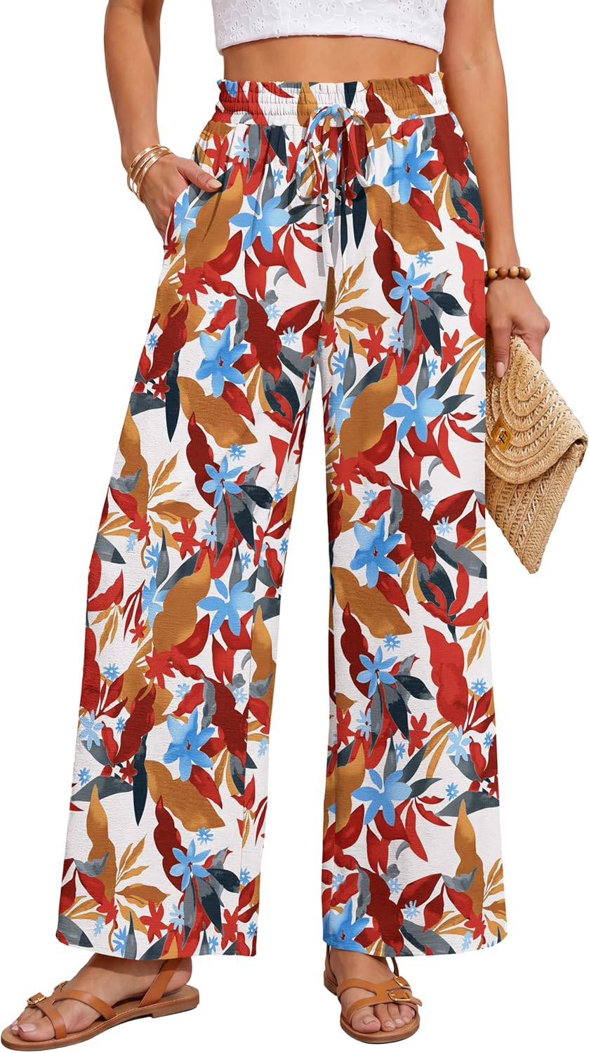 CZYINXIAN Women's Casual Wide Leg Pants Flowy Adjustable Tie Knot Elastic Waist Pants with Pockets