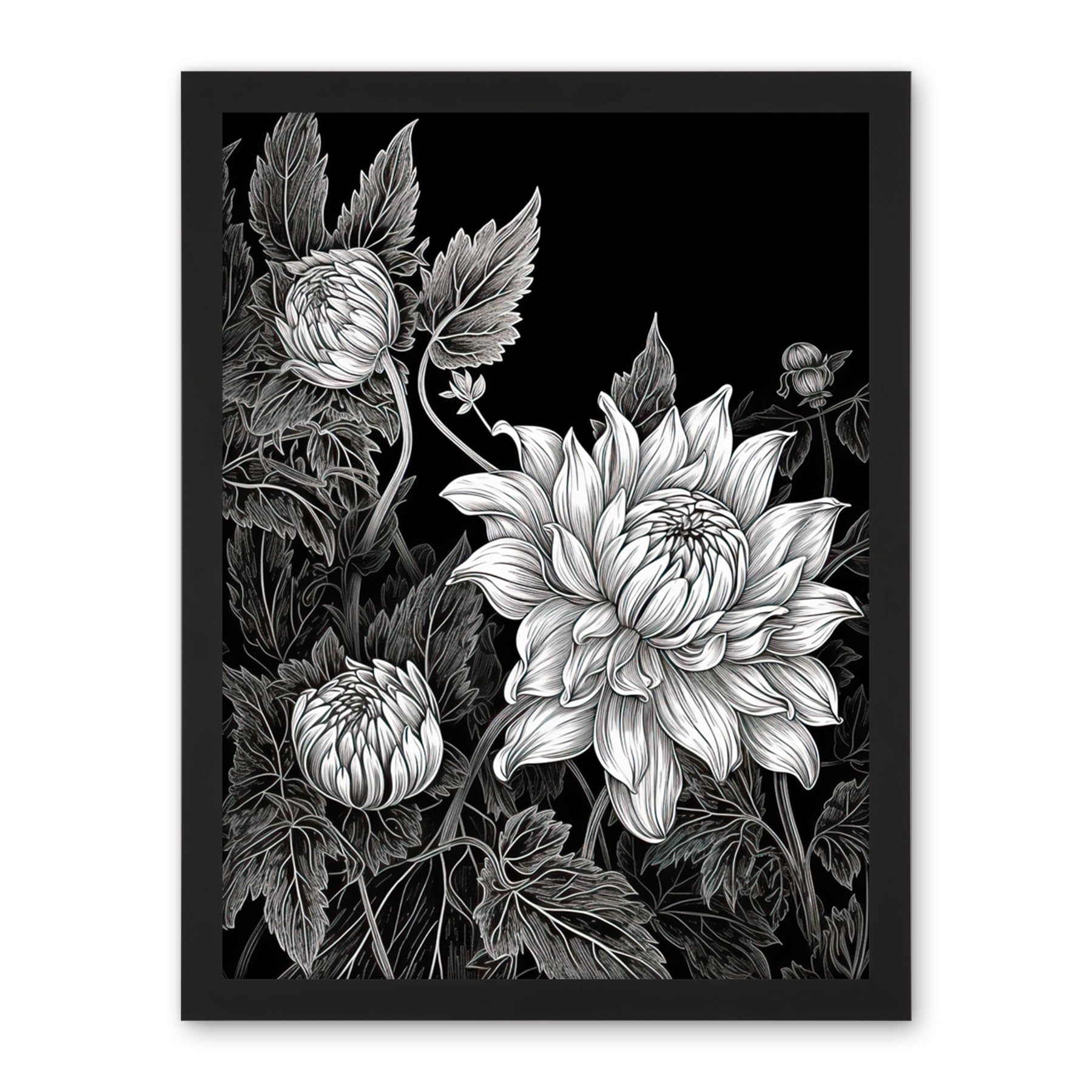 Artery8 Detailed Black and White Dahlia Flower Blooms Artwork Framed Wall Art Print 18X24 Inch