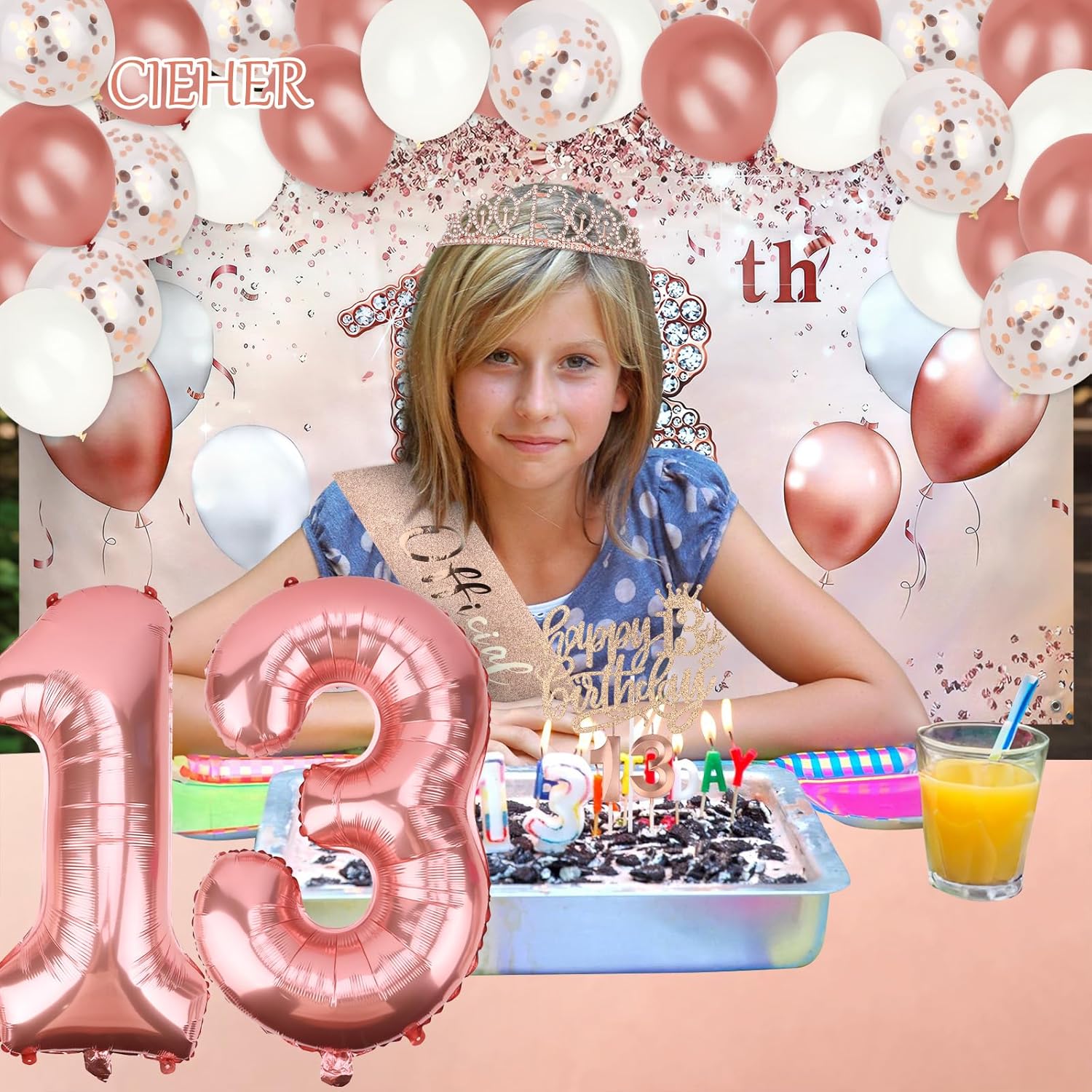 CIEHER 13th Birthday Decorations for Girls Set - Rose Gold Birthday Backdrop, 13th Birthday Crown and Sash, Tablecloth, 60PCS Balloons, 13th Candles, Birthday Cake Topper & 32inch Digital Balloon