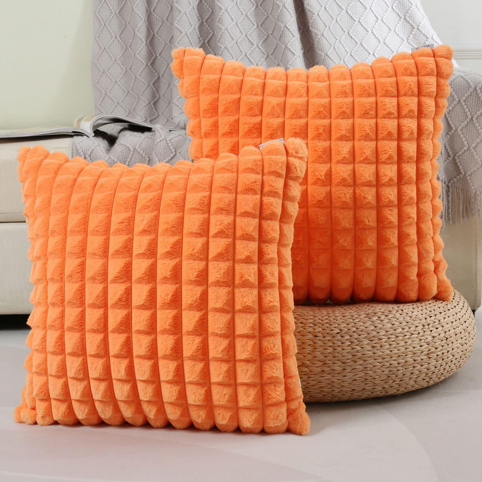 FUTEI Orange Decorative Throw Pillow Covers 20x20 Inch Set of 2,Square Cushion Case,Fluffy Faux Rabbit Fur Plaid & Soft Velvet Back,Modern Home Decor for Couch Bed