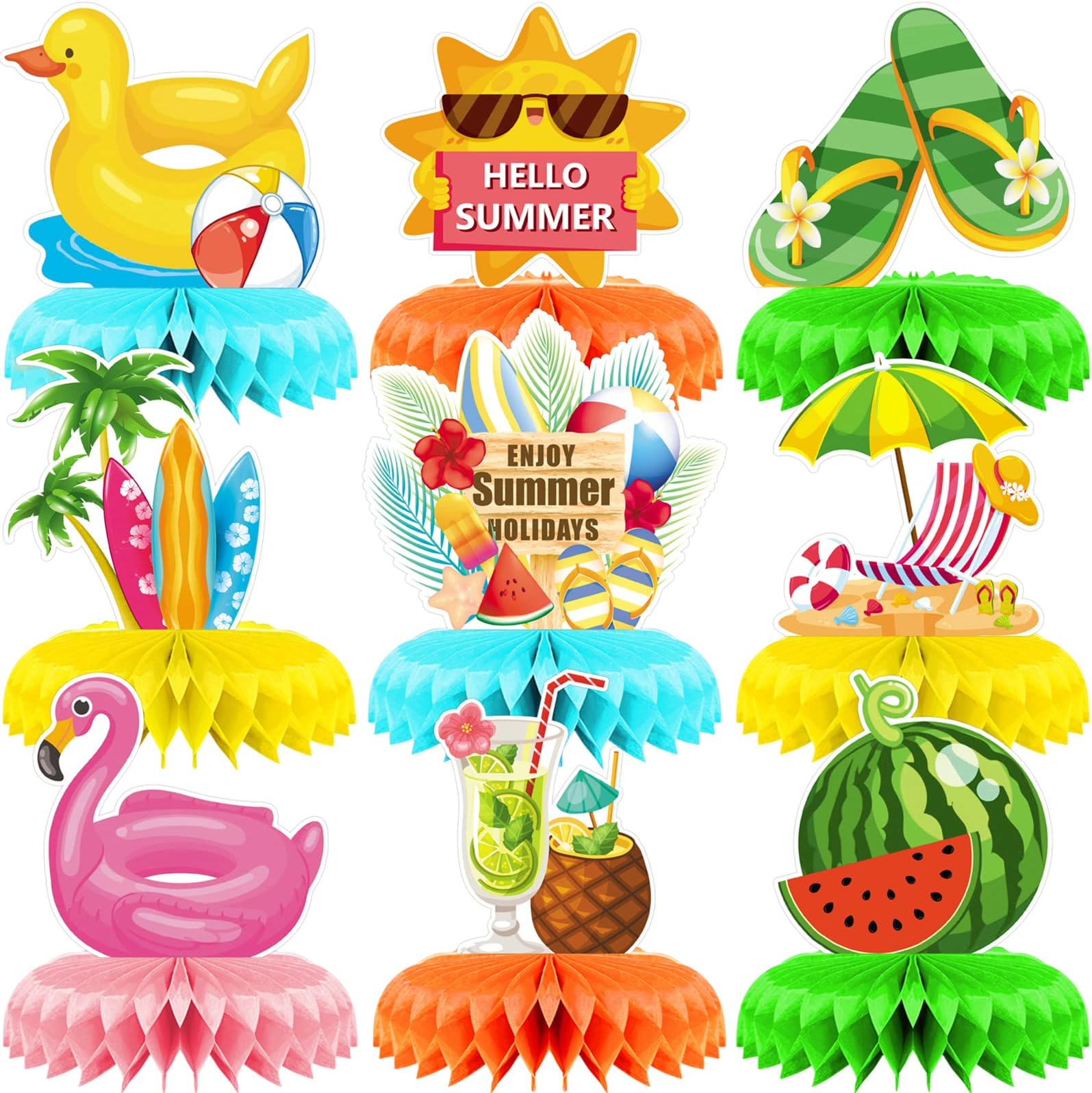 9 Pieces Summer Honeycomb Centerpieces, Pool Themed Party Table Decorations, Summer Beach Centerpiece for Hawaii Party Decoration Supplies
