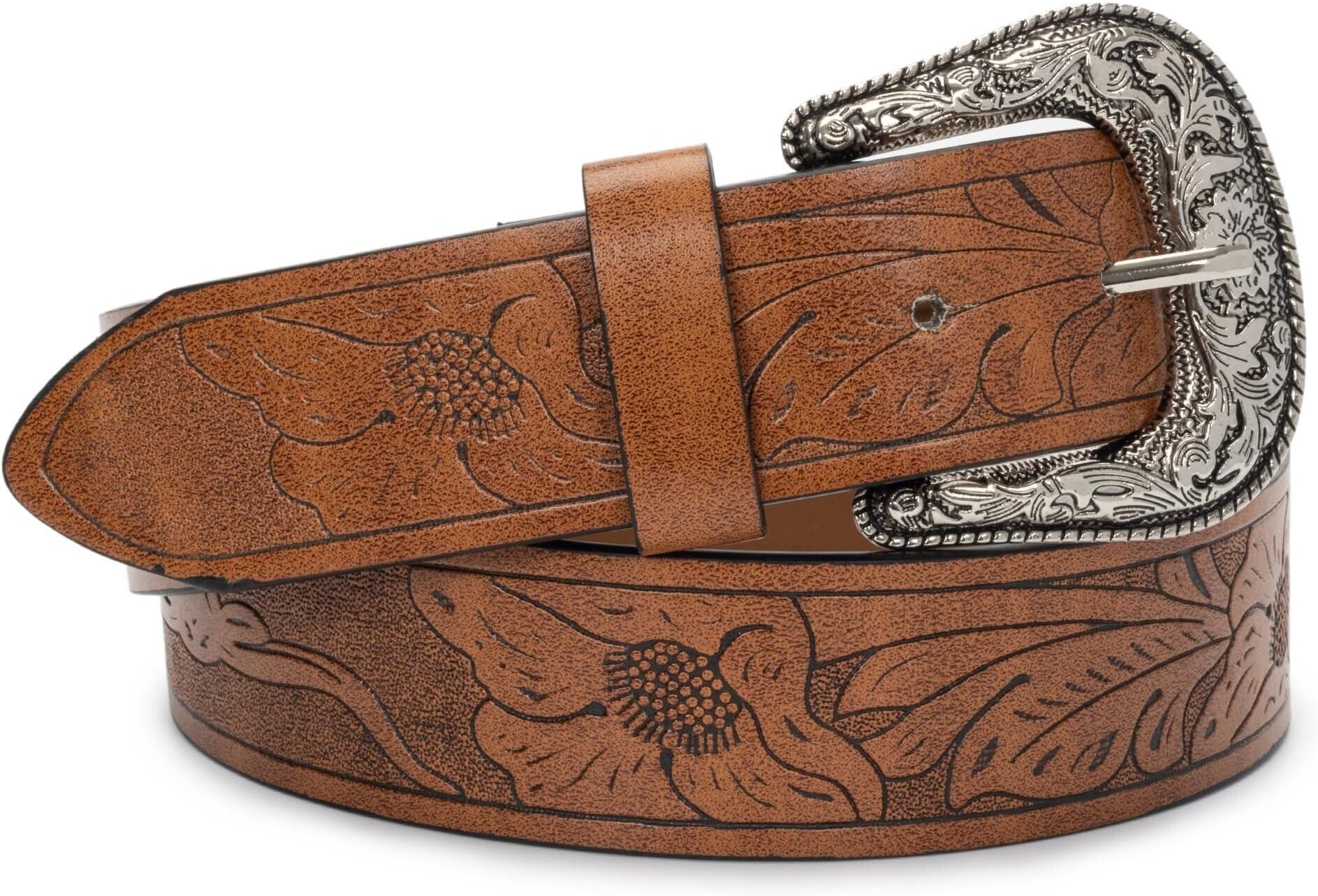 Adjustable-Vintage-Western-Cowboy-Belt Women Men - Cowboy-Style Engraved-Buckle Belt for Jeans Pants Dresses