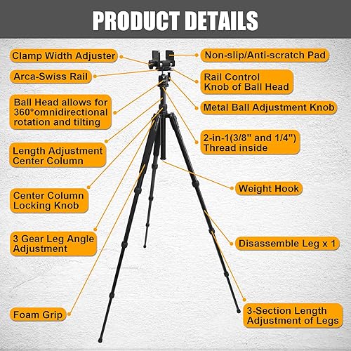 Miniatura 8 de HUNTPAL Trípode de caza 3 en 1, soporte para rifle de tiro con columna central de altura y pierna ajustable de ángel desmontable, soporte de disparo