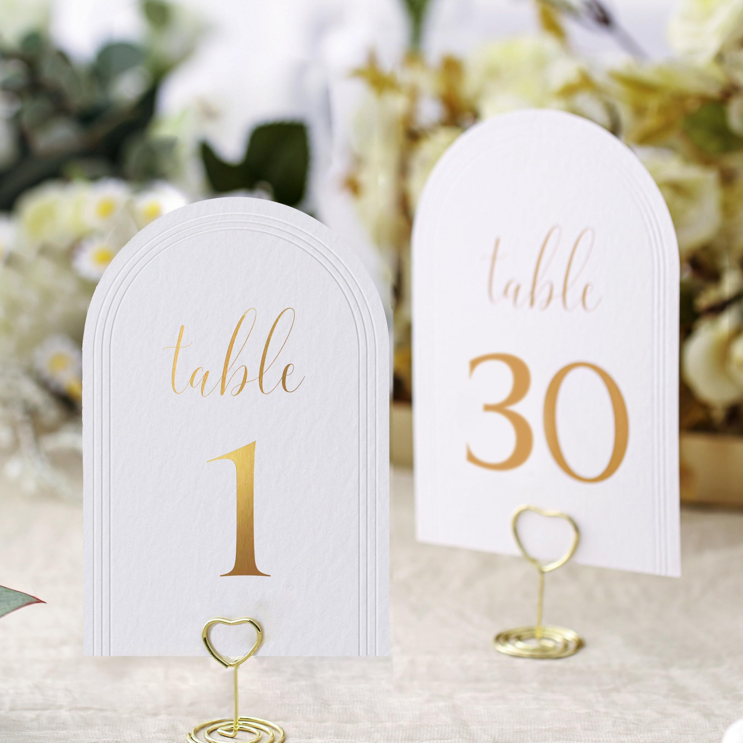 Arch Table Numbers 1-30 + Head Table,4x6 Inch White Art Paper, Double-Sided, Gold Foil Embossed Details, Elegant Perfect for Wedding Reception, Centerpiece Decoration, Event, Party, No Holders