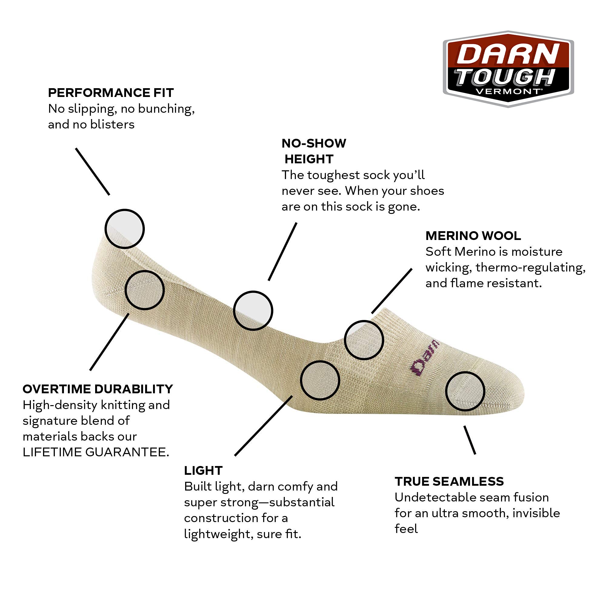 Darn Tough Vermont Top Down Solid No Show Invisible Lightweight Oatmeal LG (US 10-11.5)