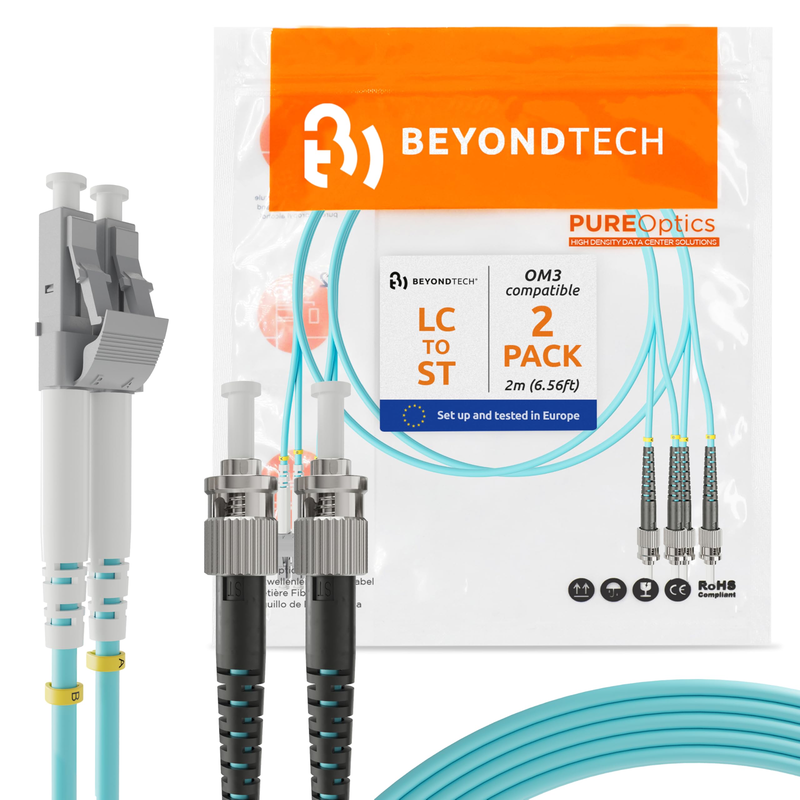 BEYONDTECH Lot de 2 câbles de raccordement en fibre optique duplex multimode LC vers ST UPC de 2 m - Noyau 50/125 µm, compatible avec OM3 - 10G LSZH PUREOptics Series
