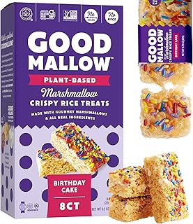 GoodMallow Vegan Rice Crispy Treats Individually Wrapped Box of 8 , Kosher Vegan Snacks, Gluten Free Dairy Free Snacks for Kids & Adults - Healthy Sweets Made with Gourmet Marshmallows , Made in USA (Birthday Cake)