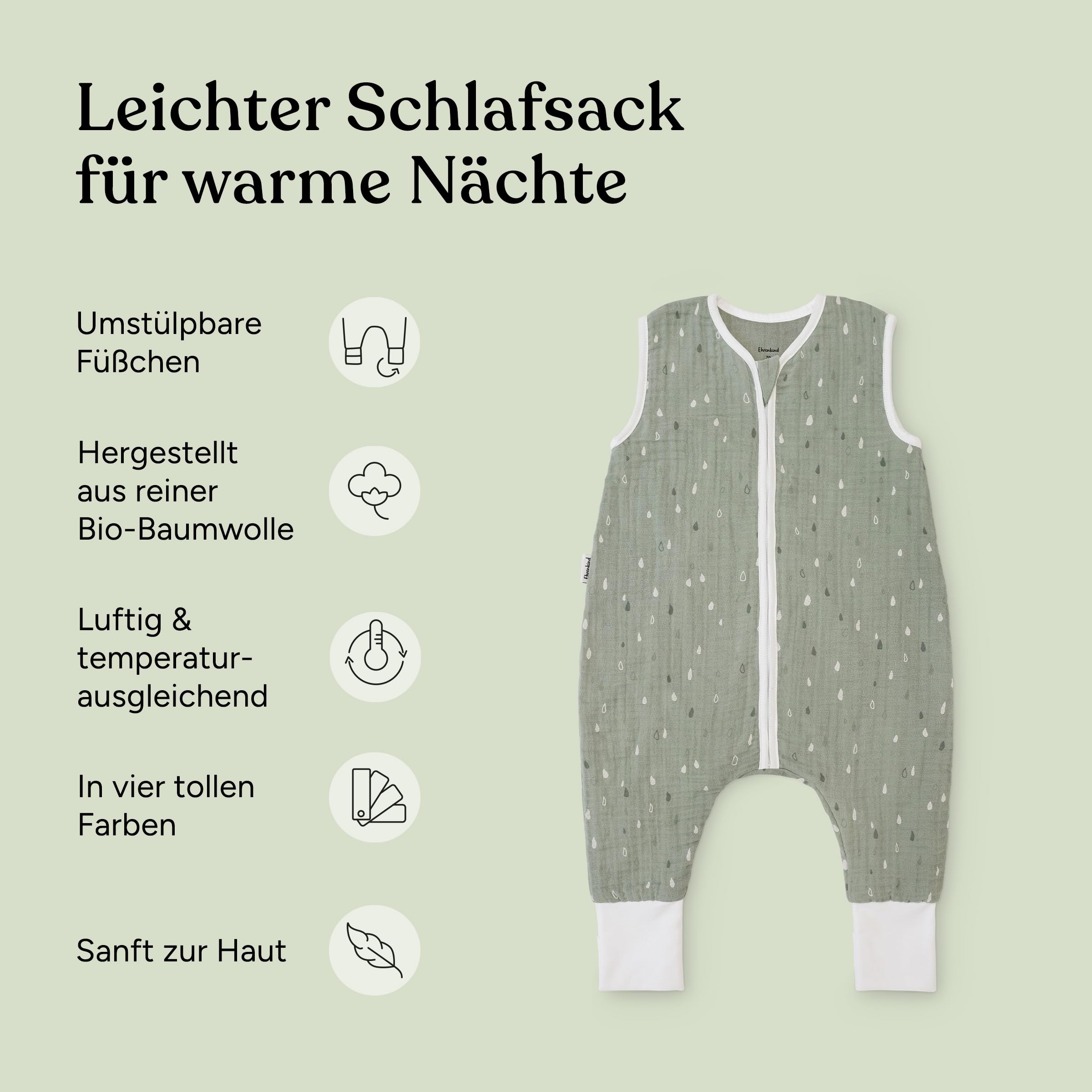 Ehrenkind® Schlafsack mit Füßen | Musselin 0.5 TOG | Babyschlafsack mit 100% Bio-Baumwolle OEKO-TEX