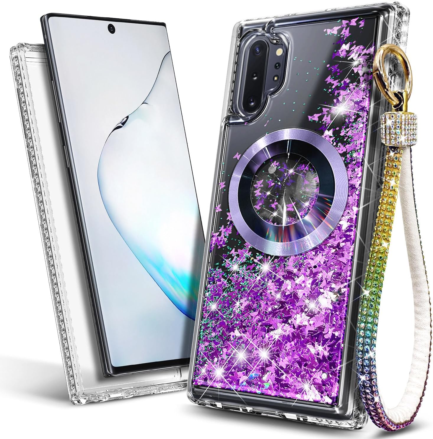 NGB Supremacy Magnetic for Samsung Galaxy Note 10+ (Plus) Case [Compatible with Magsafe] with Diamond Wrist Strap Lanyard, Glitter Floating Liquid Cute Phone Case (Purple Butterfly) - Image 7