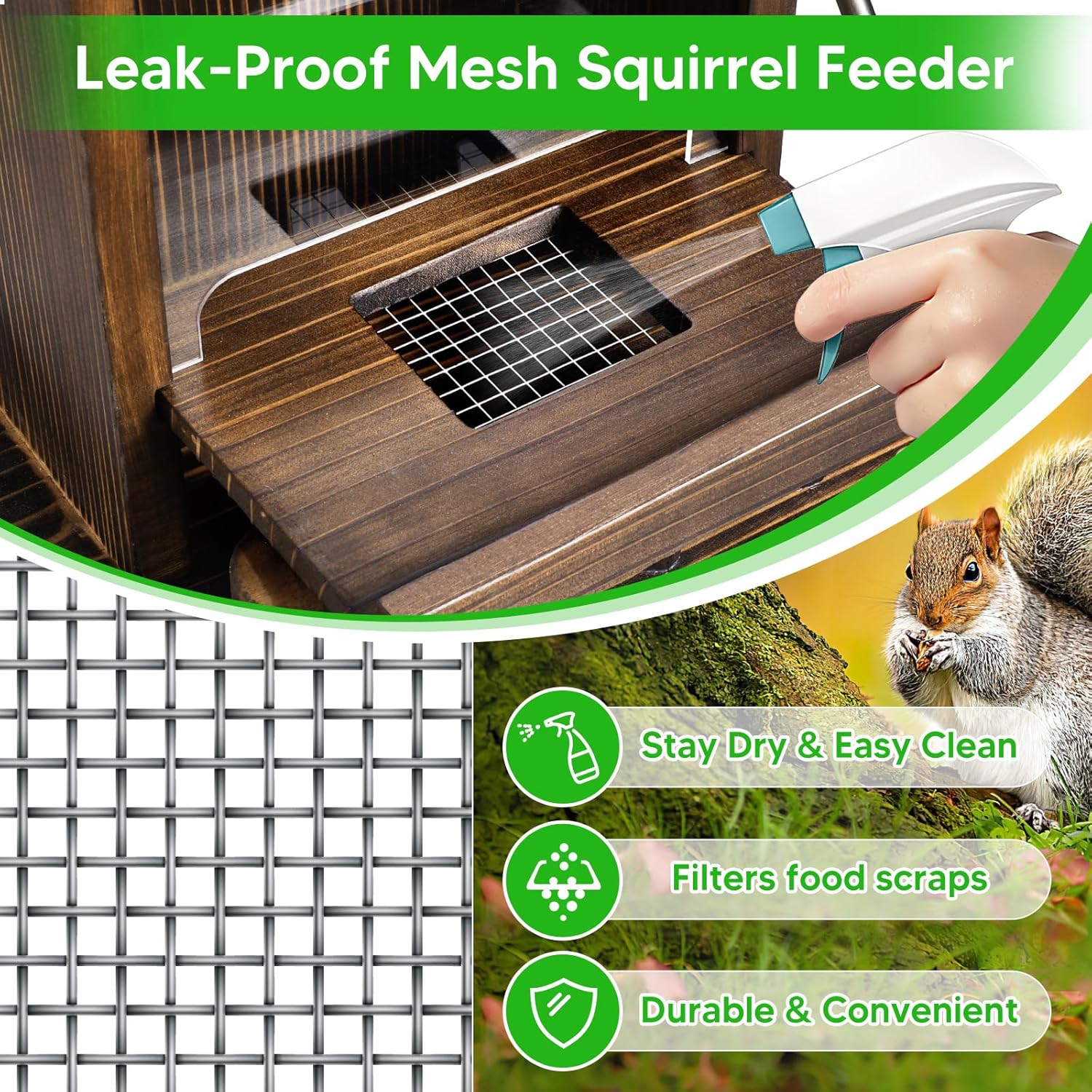 Thick Wooden Squirrel Feeders for Outdoors - Durable Squirrel Picnic Table with Clear Acrylic Baffle, Water Dispenser & Corn Holders, Easy Mount Tree Feeder