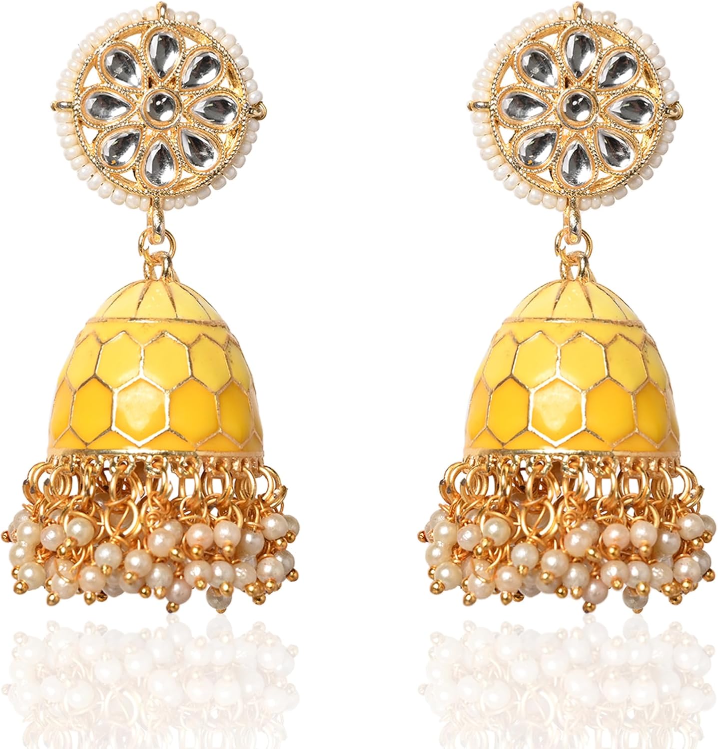 Moonstruck Traditional Indian Dome Shaped Golden Jhumka/Jhumki Earrings with Meenakari & Pearls for Women (Yellow)