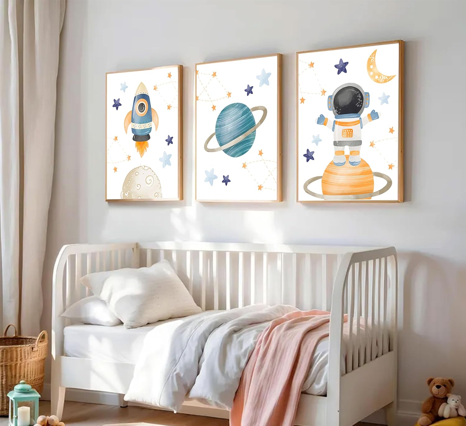 3Pcs Space Nursery Wall Art Fun Planet Canvas Poster Print Rocket and Astronaut Pictures Explore Dream Galaxy Painting Artwork Children's Room Wall Decor for Boys' Room Classroom 16x24in Unframed