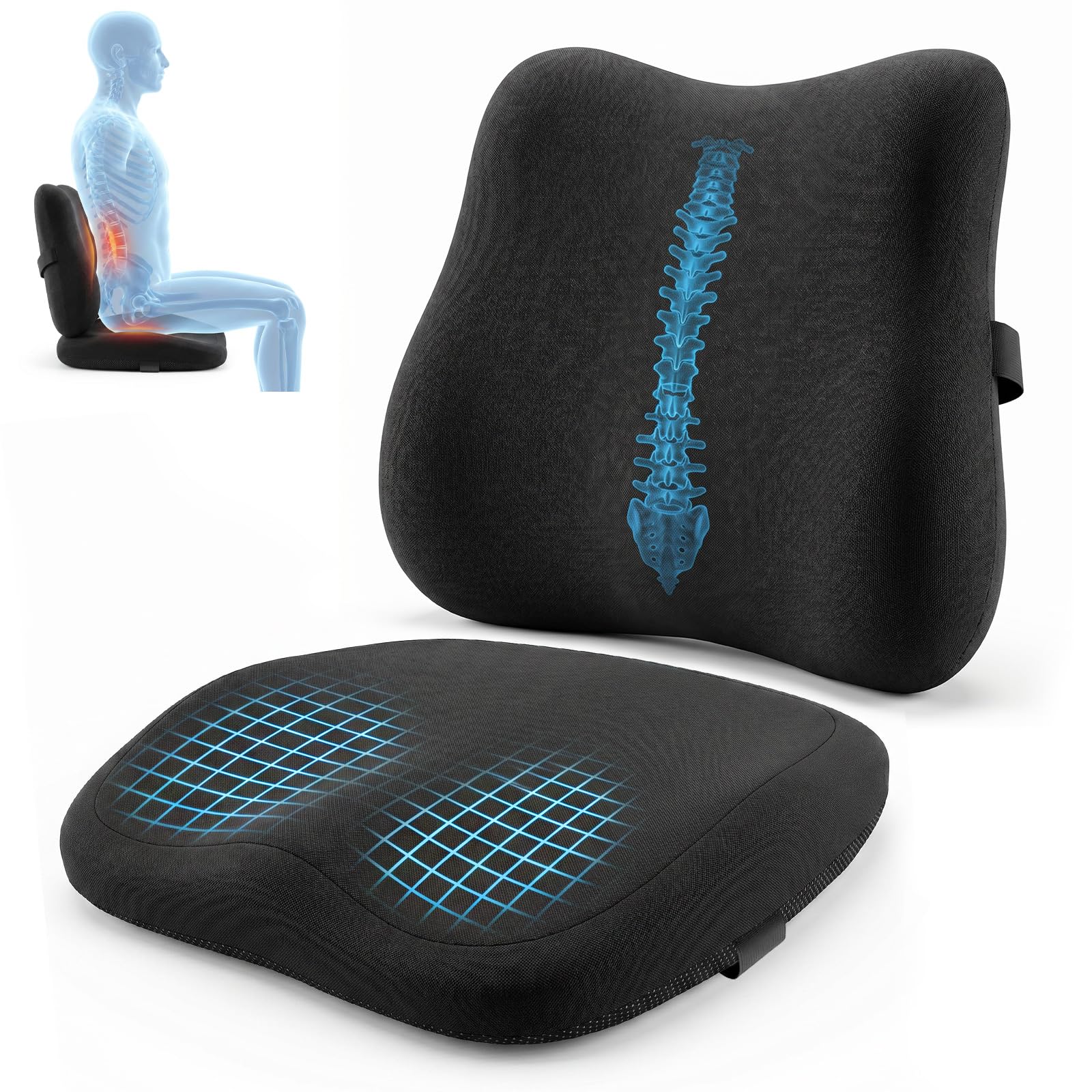 Seat Cushion and Lumbar Support - Memory Foam Chair Cushion & Back Support for Tailbone & Back Pain Relief Coccyx Cushion for Home Office Wheelchair Car Seat Cushions for Driving with Adjustable Strap