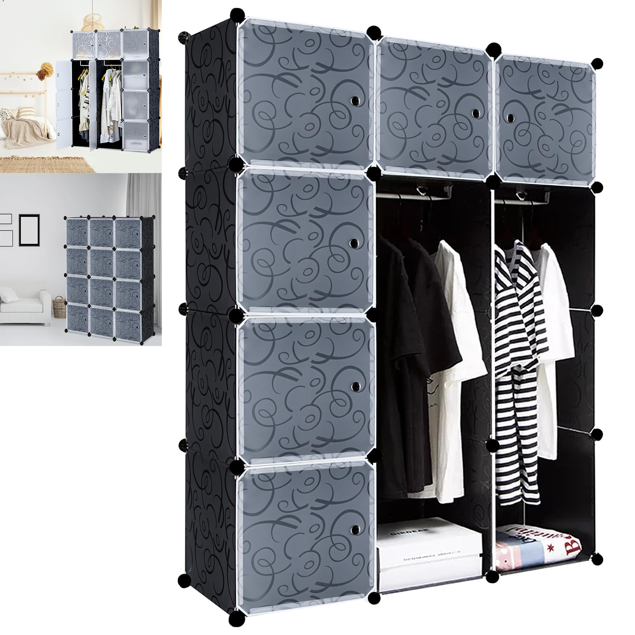 Système d'étagères de rangement avec portes en plastique PP robuste et durable - Noir - 12 boîtes avec porte