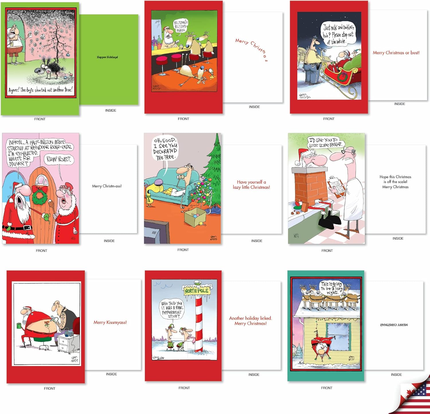 NobleWorks - 36 Assorted Bulk Box Set Funny Cartoons Christmas Cards with Envelopes (36 Designs, 1 Each) Humor Holiday Merry Christmas Variety Pack for Men, Women - A McCoy Bros. AC7139XSG-B1x36