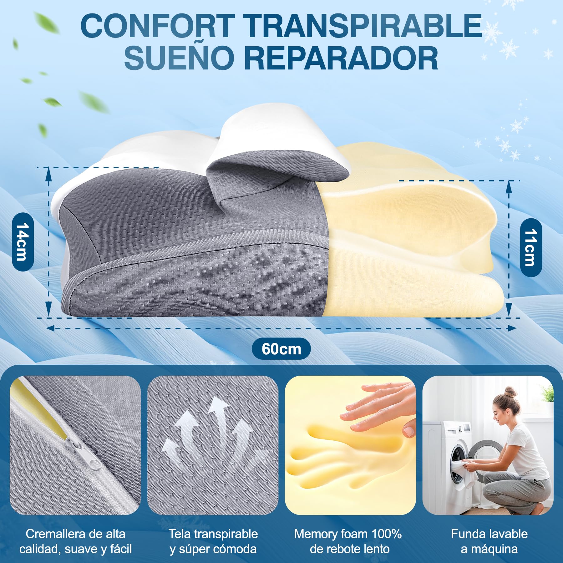 Almohada Cervicales y Cuello, Almohada Ergonómico Espuma de Memoria, Diseño Mariposa, Tecnología de Enfriamiento, Dormir de Lado, Espalda y Estómago Rendimiento Diseño