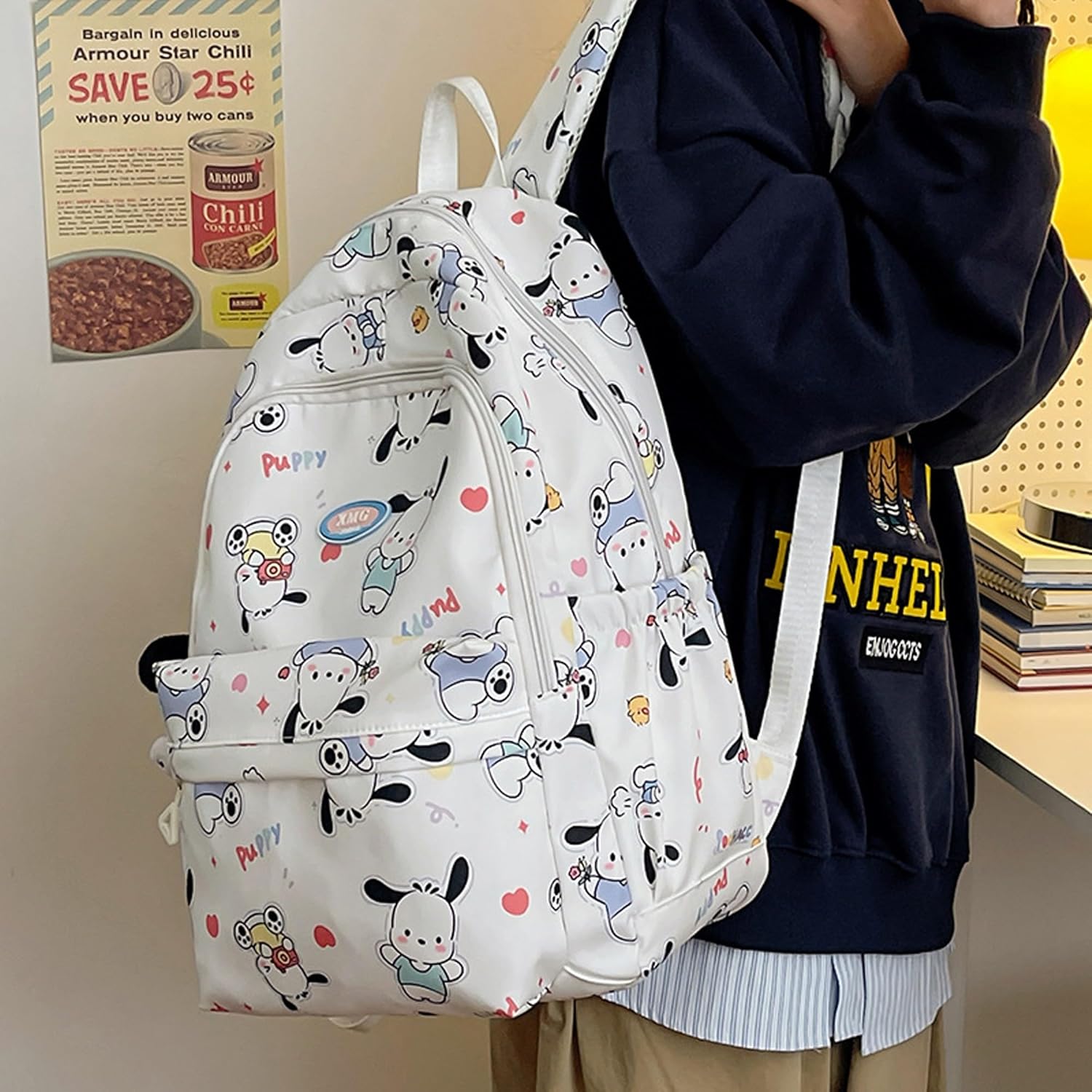 Roffatide Cartoon Pochacco All Over Print Casual Backpack Laptop Backpack Bike Travel Hiking Rucksack Daypack White (With Cute Pendants), LYB14104
