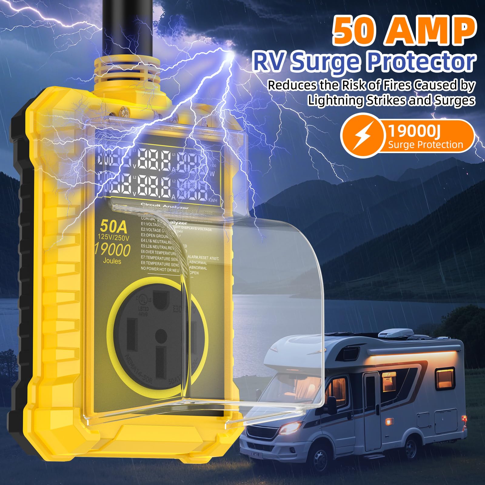 Protector de sobretensiones de 50 amperios para Rv impermeable IP67, 19000 J mejorado RV Power Surge Protector con certificación de seguridad, enchufe adaptador RV para caravana, analizador