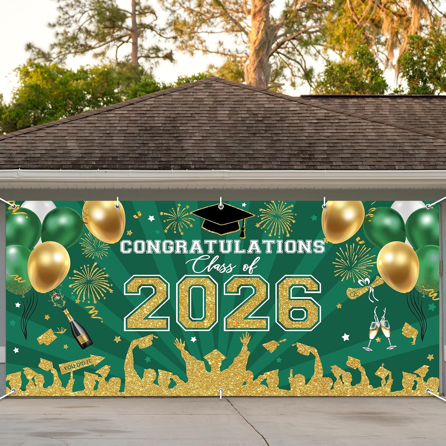 Avezano 2026 Graduation Garage Door Banner Congratulations Class of 2026 Garage Door Cover Backdrop Green Gold Congrats Grad Party Decoration Background 6 x 13 ft