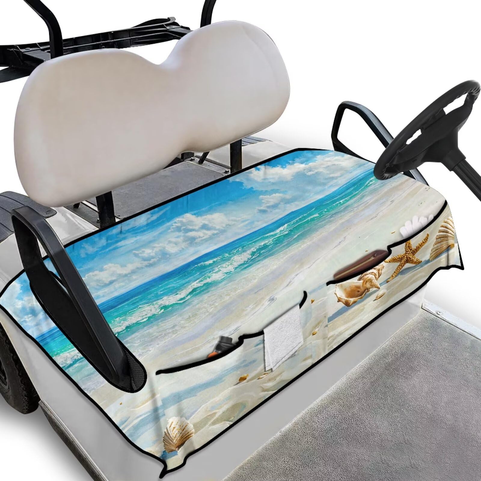 Biyejit Starfish Beach Golf Buggy Seat Cover with Storage Bags Heavy Duty Golf Cart Seat Blanket Golf Cart Accessories for Club Car Travel Sports Shown Stay Cool
