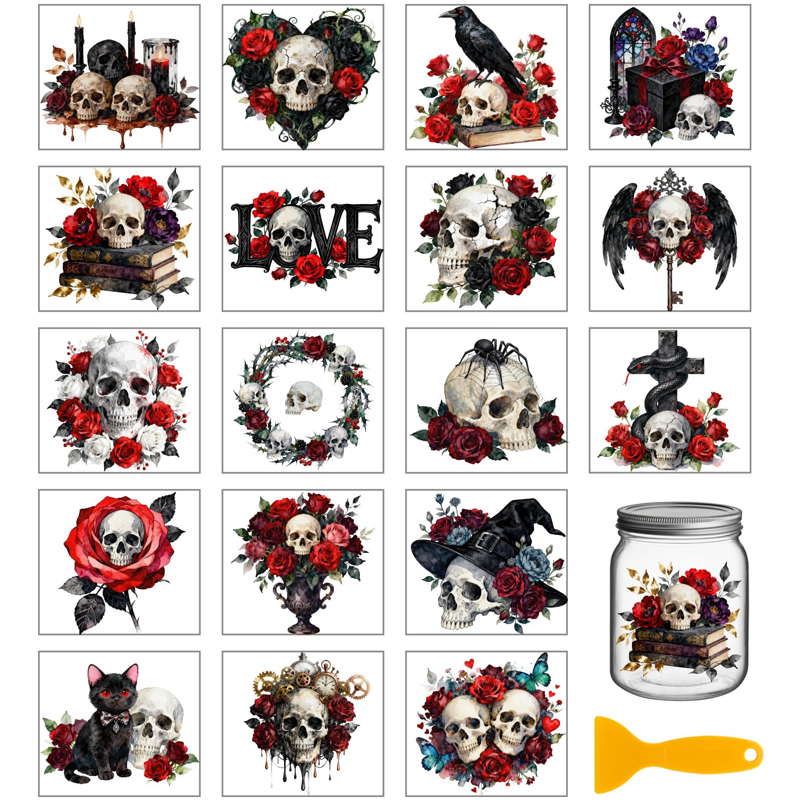 GLOBLELAND 18 Sheets Gothic Skeleton Transfer Stickers 3.9x3.6inch Roses Skeleton Rub on Transfer Stickers Colorful Decal for Furniture Vase Glass Mason Jar Decorations Art Crafts