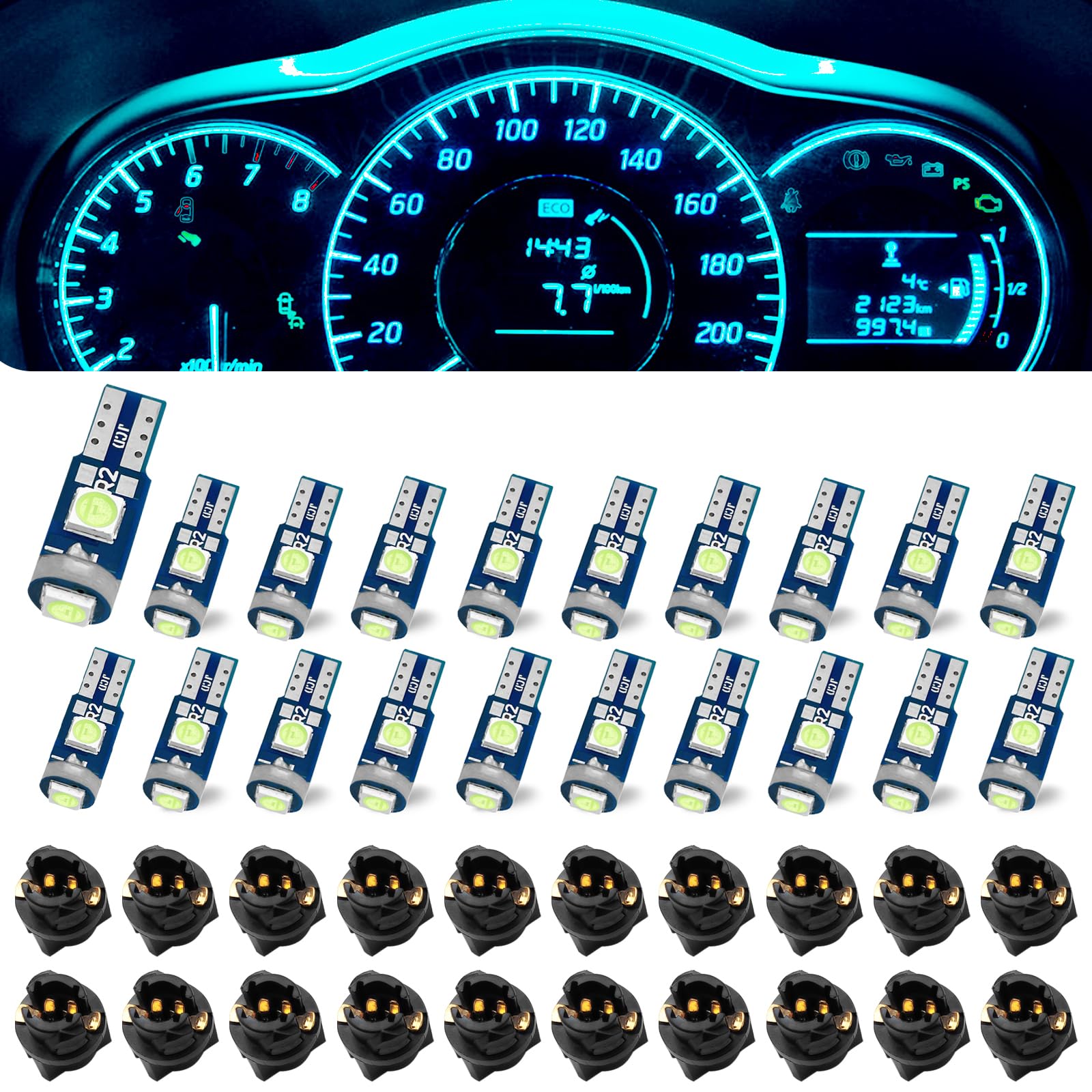 74 Led Bulb Dash Lights Super Bright, T5 37 74 LED Bulb with Twist Lock Socket PC74 PC37, Dashboard Lights, Instrument Cluster Bulbs Kits,Pack of 20 (Ice Blue)